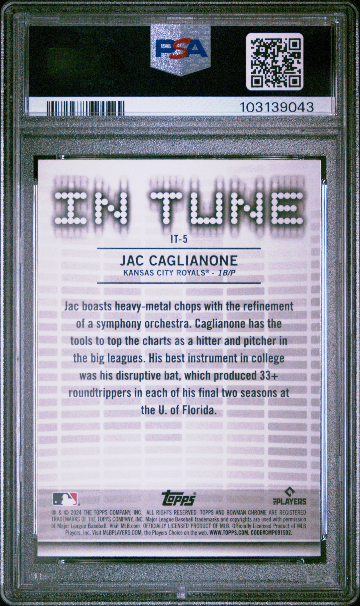 Graded 2024 Topps Bowman Draft Jac Caglianone #IT5 In Tune Rookie RC Baseball Card PSA 10 Gem Mint