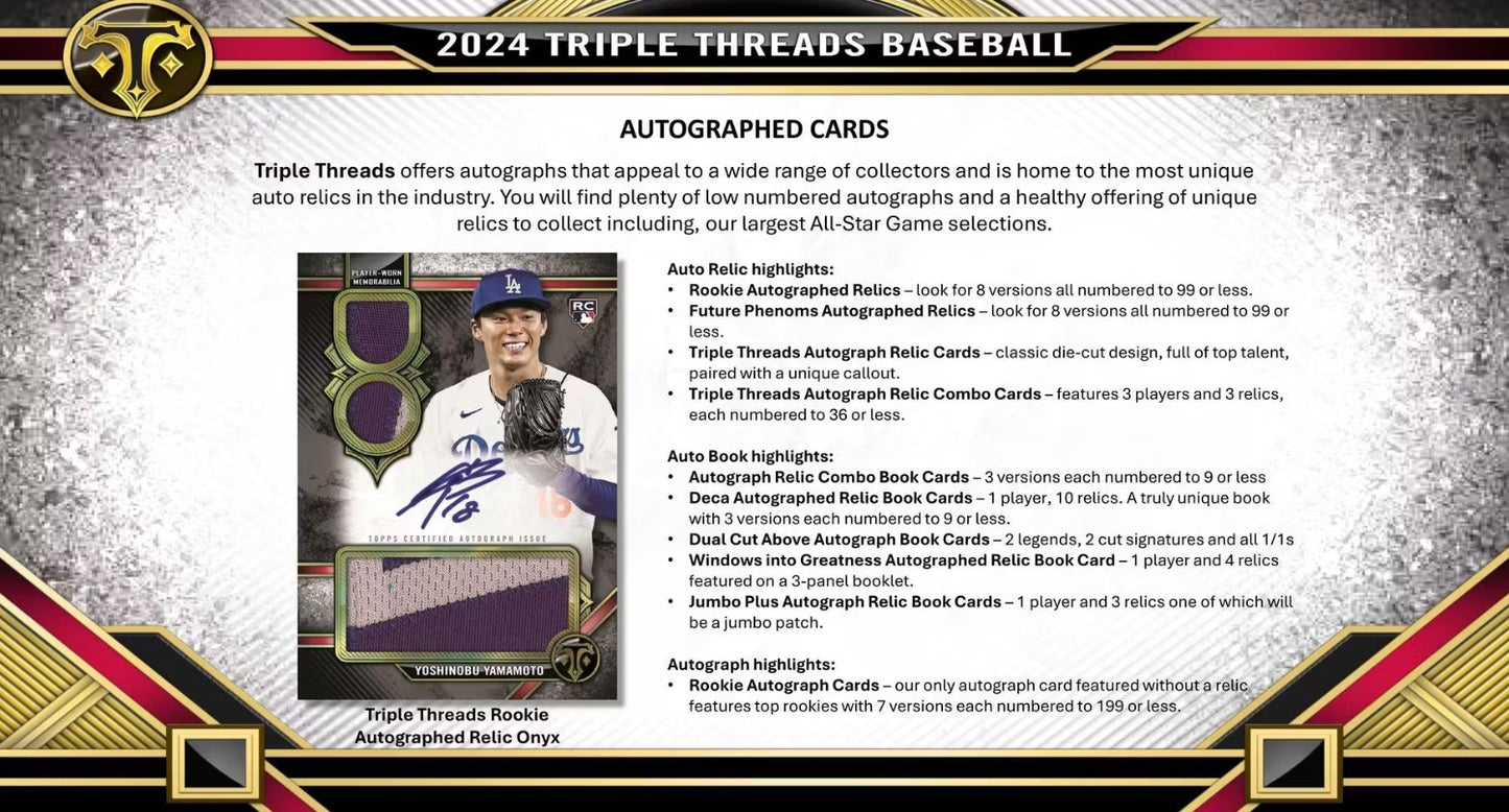 Caja de pasatiempos de béisbol Topps Triple Threads 2024