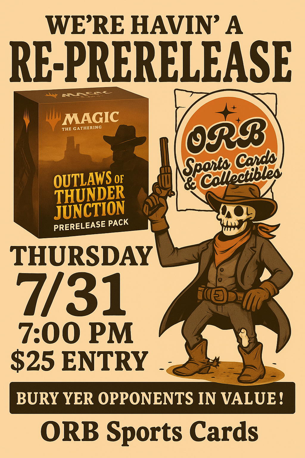 Promotional poster for a 'Re-Prerelease' event at ORB Sports Cards & Collectibles with cowboy-themed graphics.