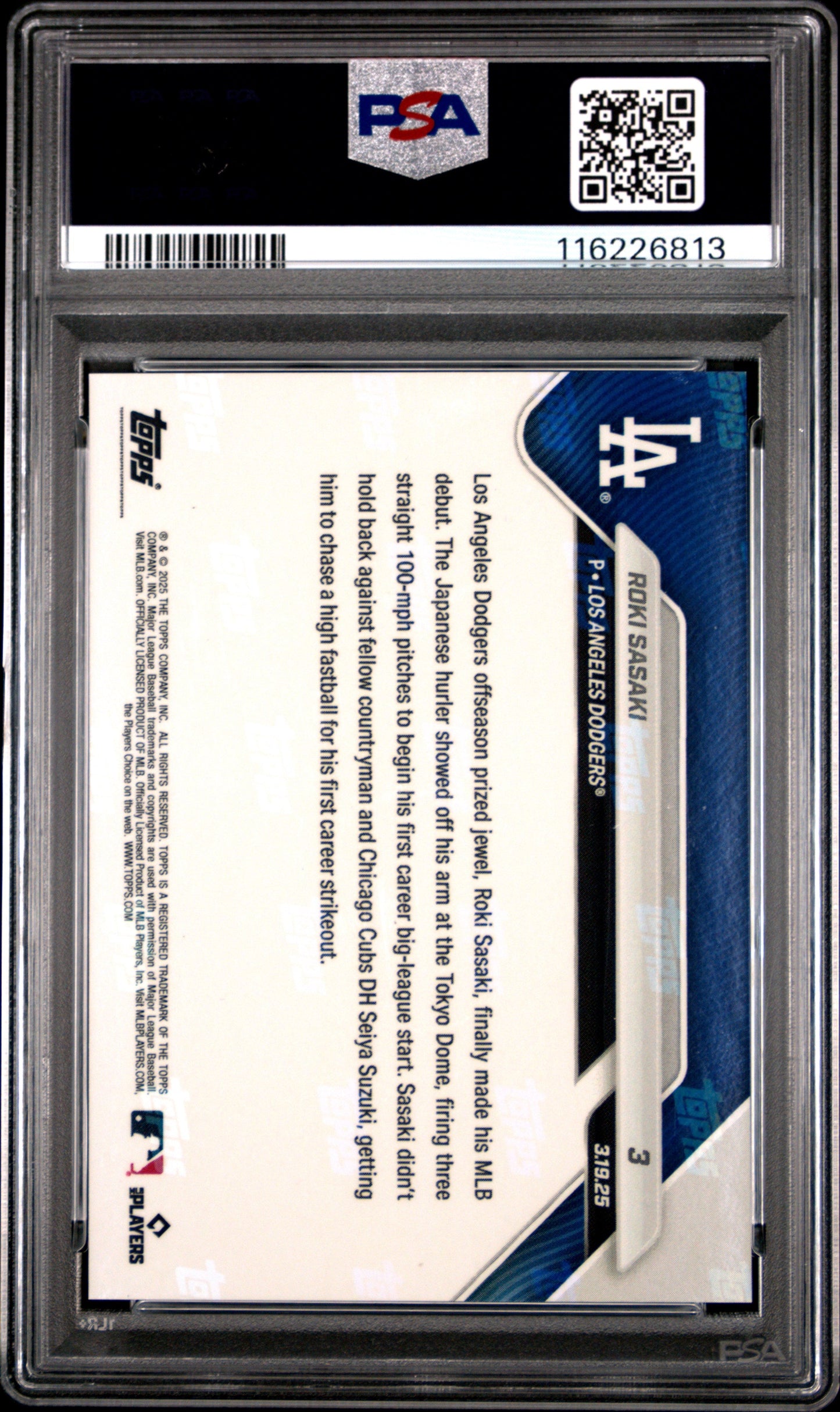 Graded 2025 Topps Now Roki Sasaki #3 Rookie RC Baseball Card PSA 8 Near Mint