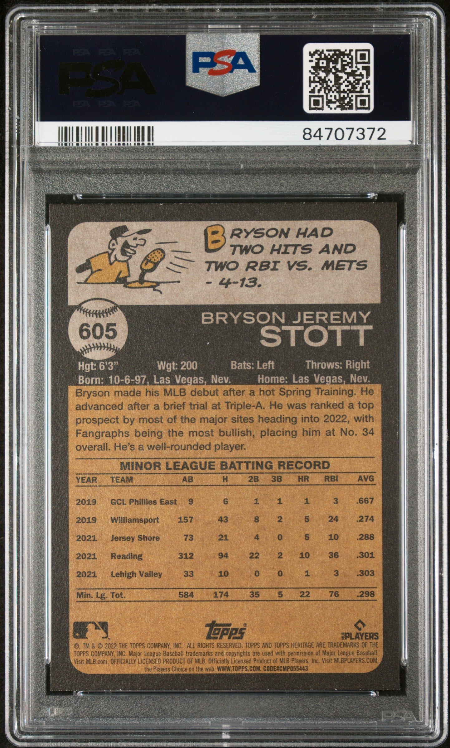 2022 TOPPS HERITAGE BRYSON STOTT  #605 - PSA 10 ROOKIE CARD
