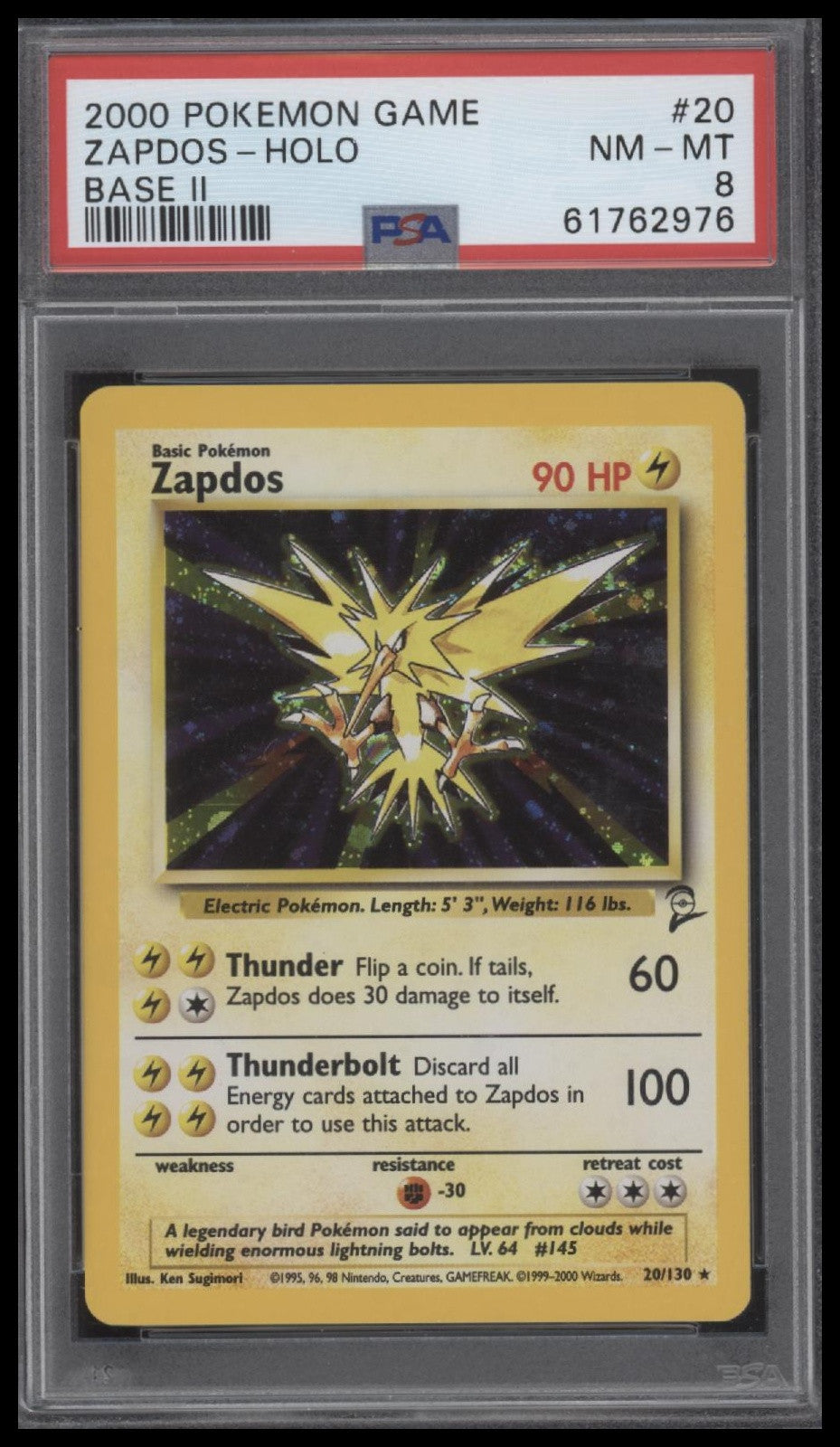 Zapdos-Holo 2000 Pokemon Game Base Ii #20 Base Ii PSA 8