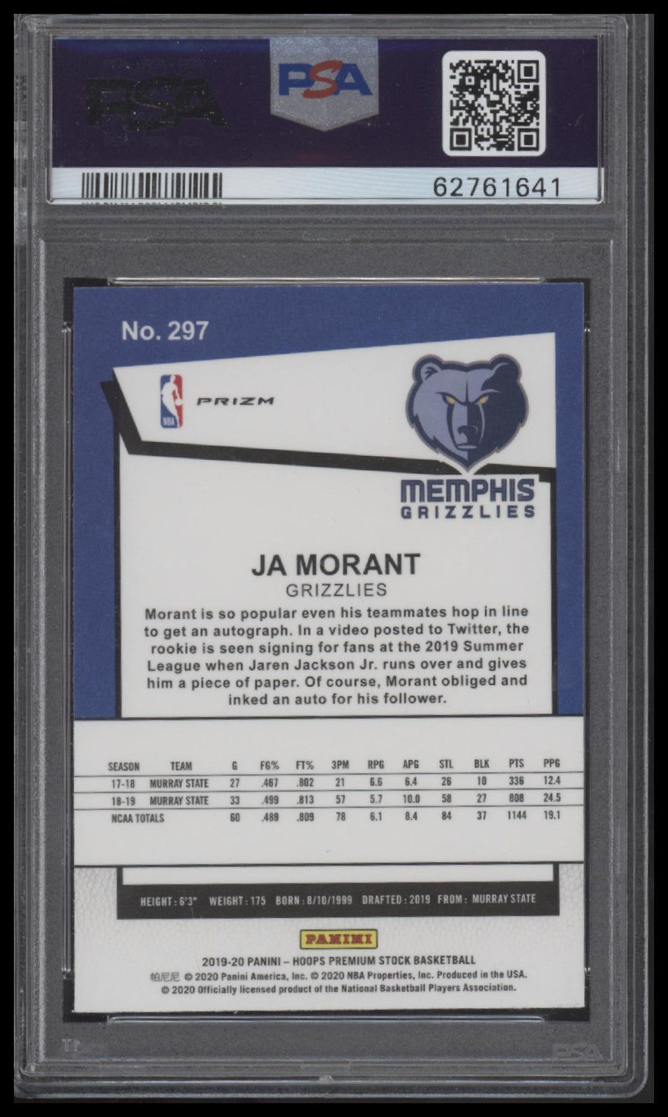 2019 Panini Hoops Premium Stock #297 Ja Morant Red Cracked Ice PSA 10
