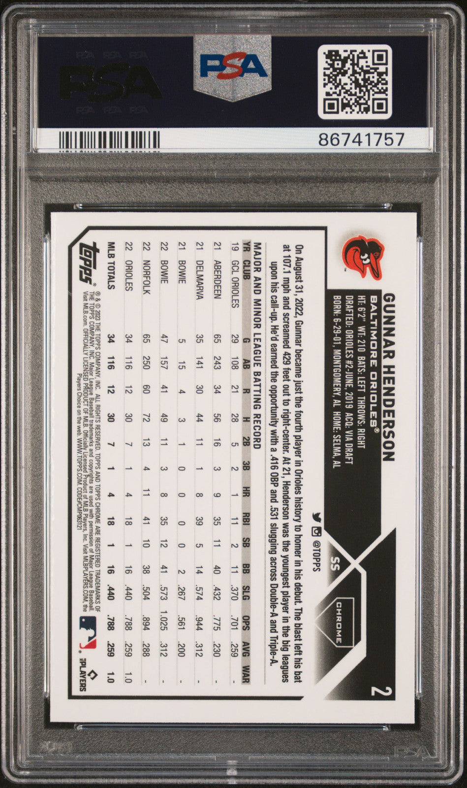 2023 Topps Chrome #2 Gunnar Henderson PSA 10