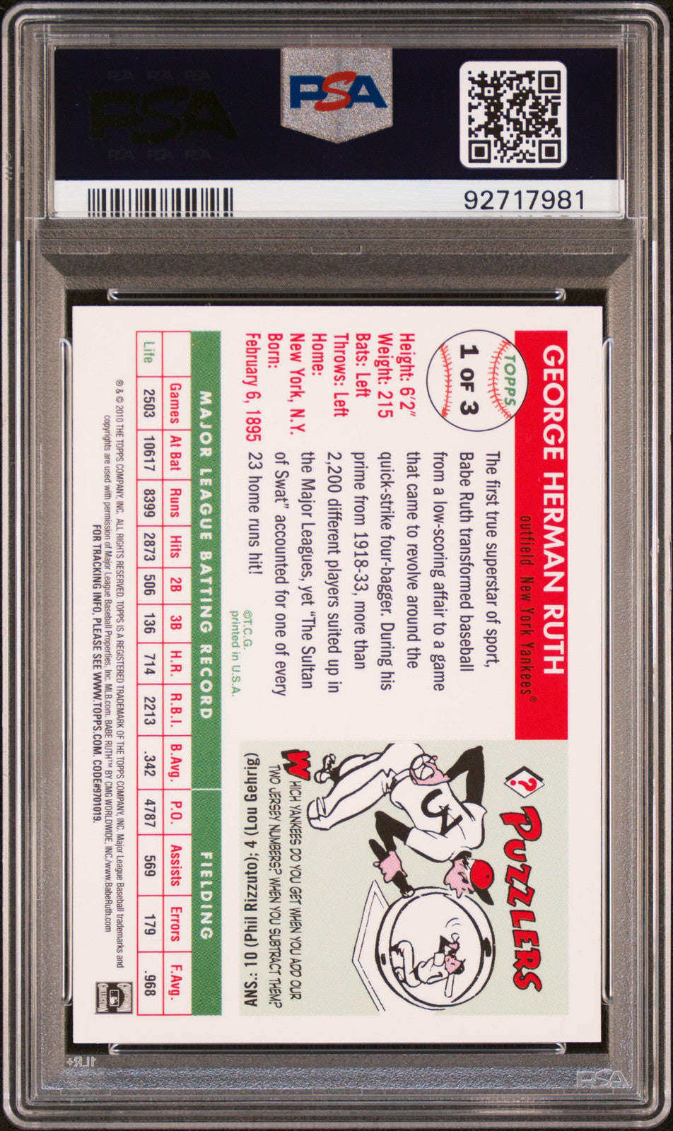 2010 Topps Chrome Gold Refractor #1 Babe Ruth Target Chrome Gold Ref. PSA 8