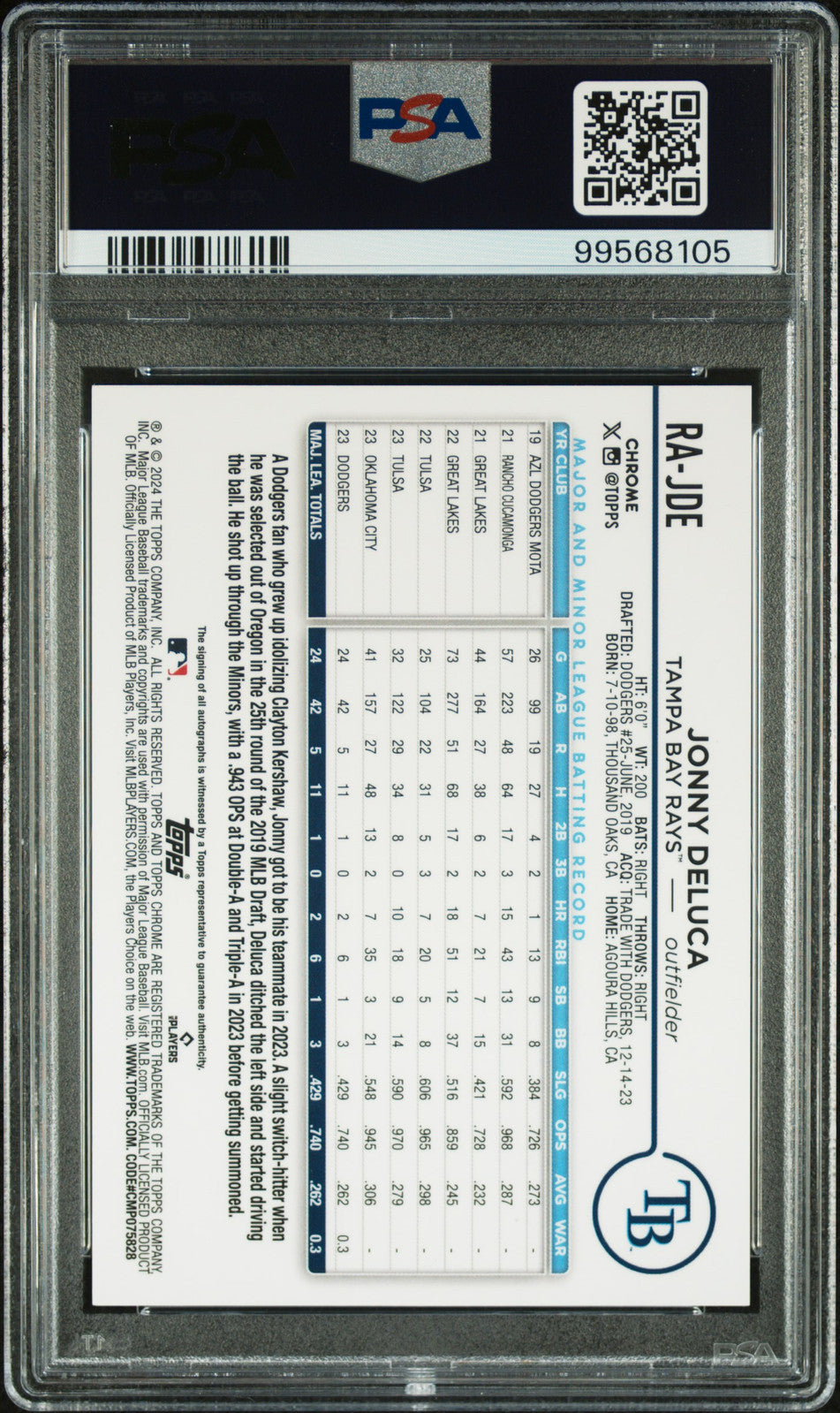 2024 Topps Chrome Rookie Auto Jonny Deluca Rookie Auto-Gold Wave PSA 9