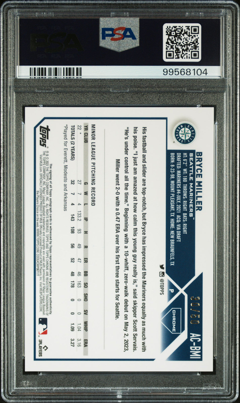 2023 Topps Chrome Update Autograph Bryce Miller Auto-Gold Wave Ref PSA 10