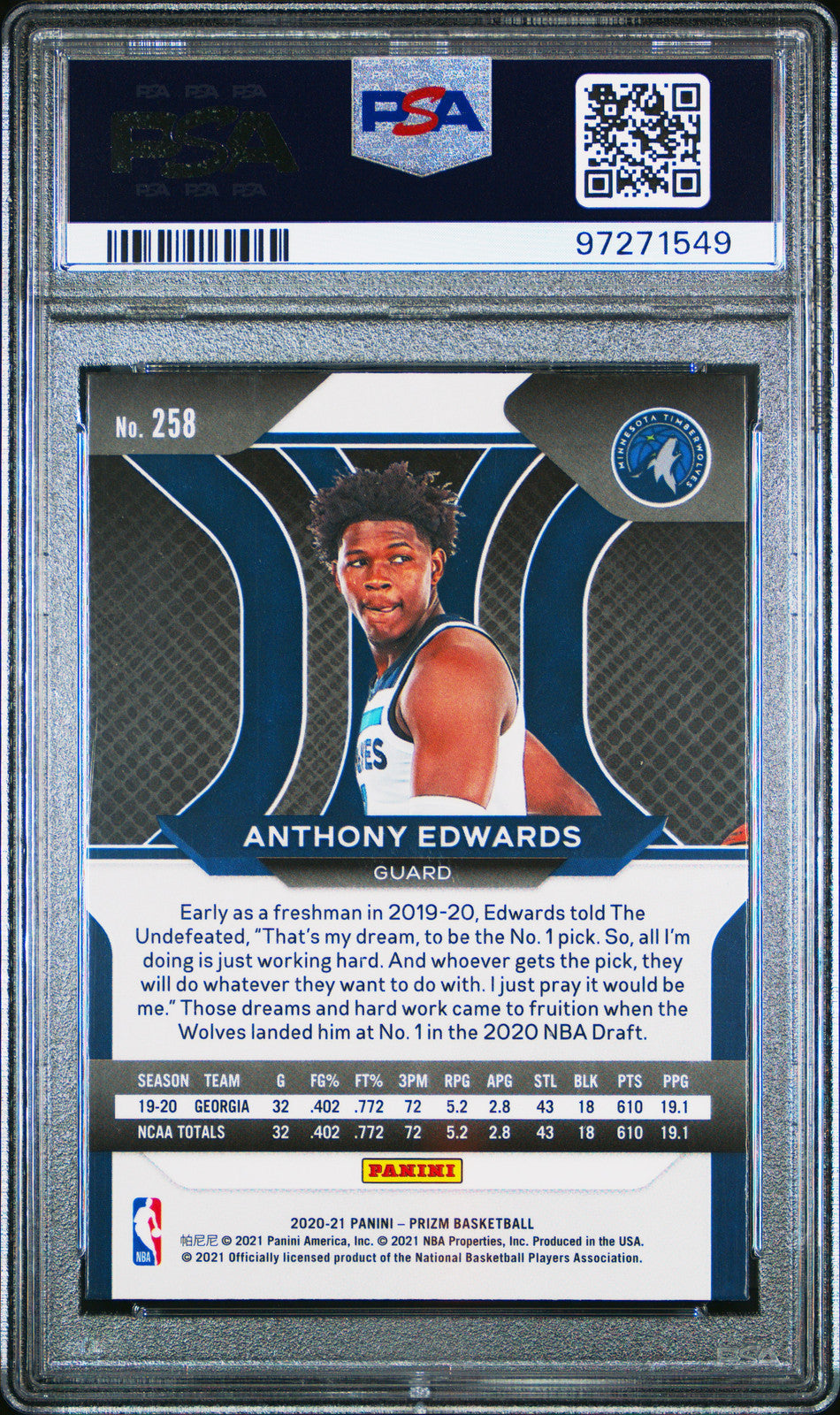 2020 Panini Prizm #258 Anthony Edwards PSA 9
