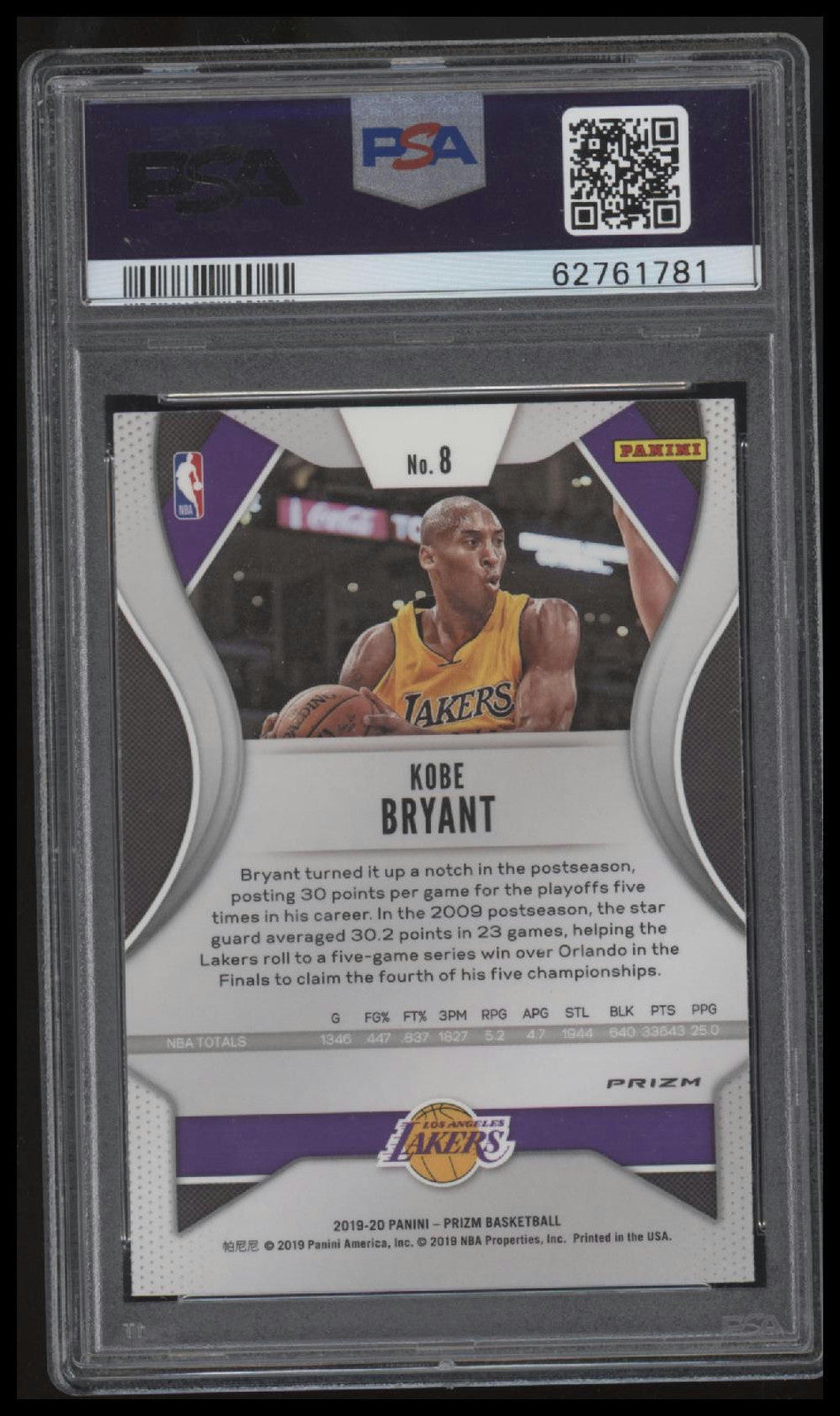 2019 Panini Prizm #8 Kobe Bryant Silver Prizm PSA 10