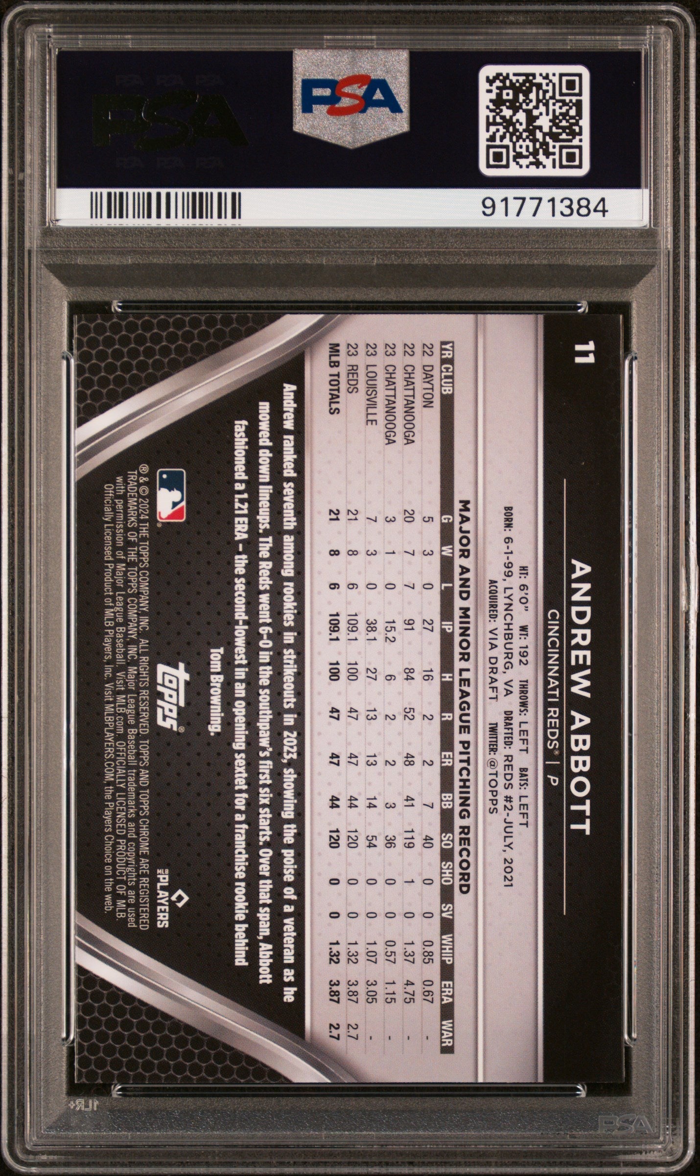 Graded 2024 Topps Chrome Black Andrew Abbott #11 Rookie RC Baseball Card PSA 10 Gem Mint