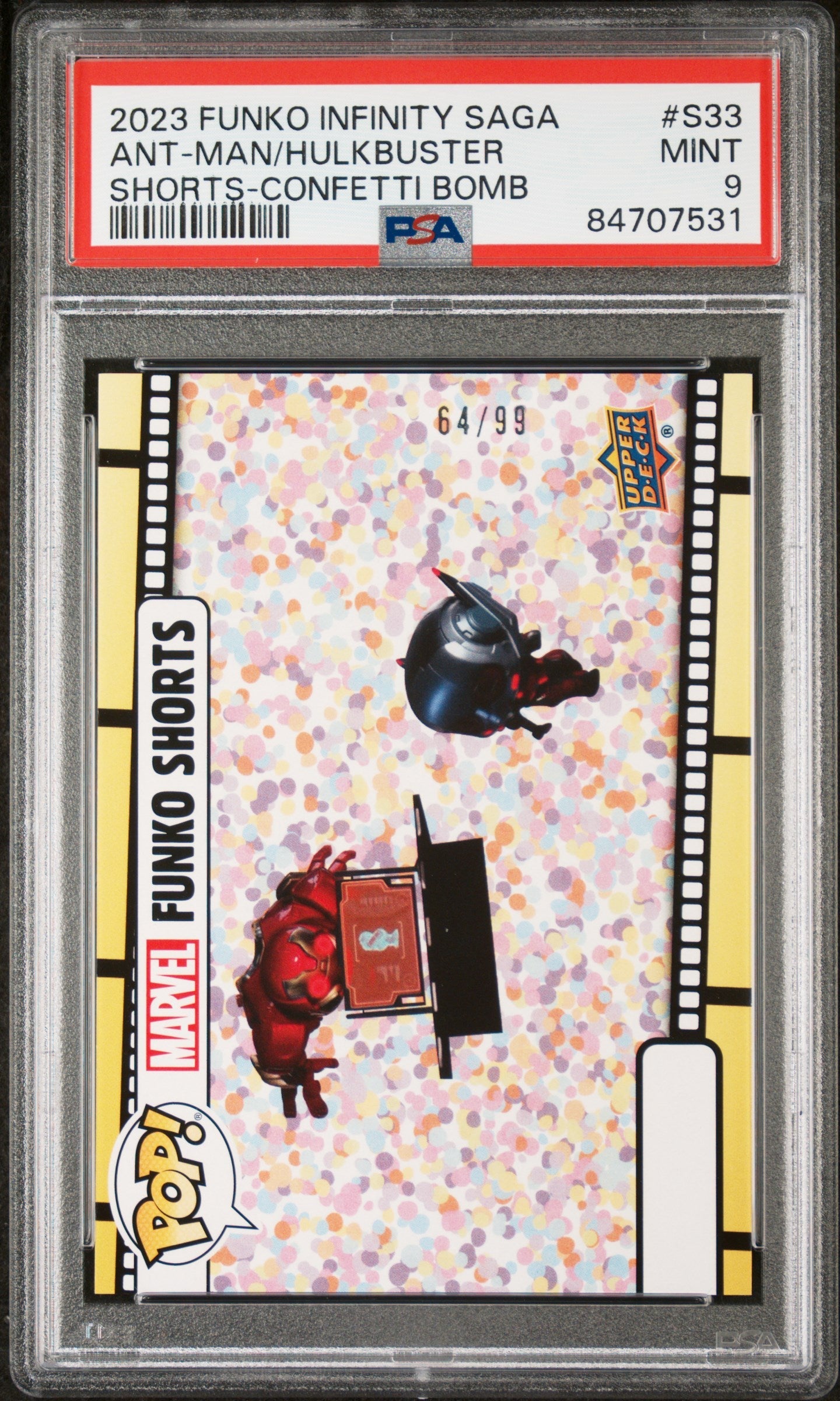 2023 UPPER DECK FUNKO POP MARVEL  SHORTS ANTMAN/HULKBUSTER SHORTSCONFETTI BOMB #S33  PSA 9
