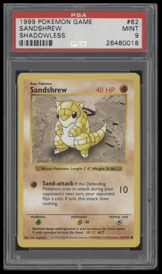1999 Pokemon Game #62 Sandshrew Shadowless PSA 9