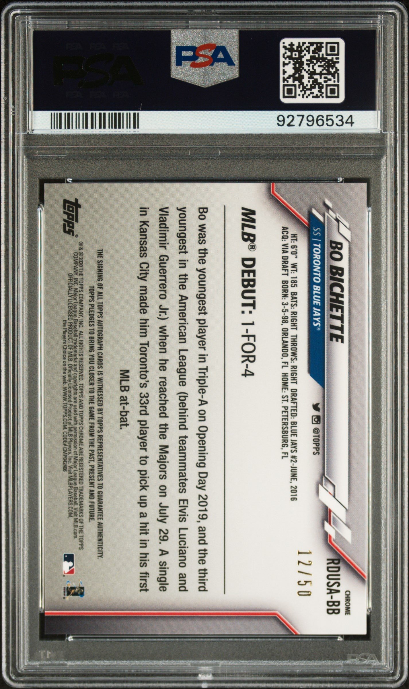 2020 Topps Chrome Update Rookie Debut Auto #BB Bo Bichette Update PSA 10