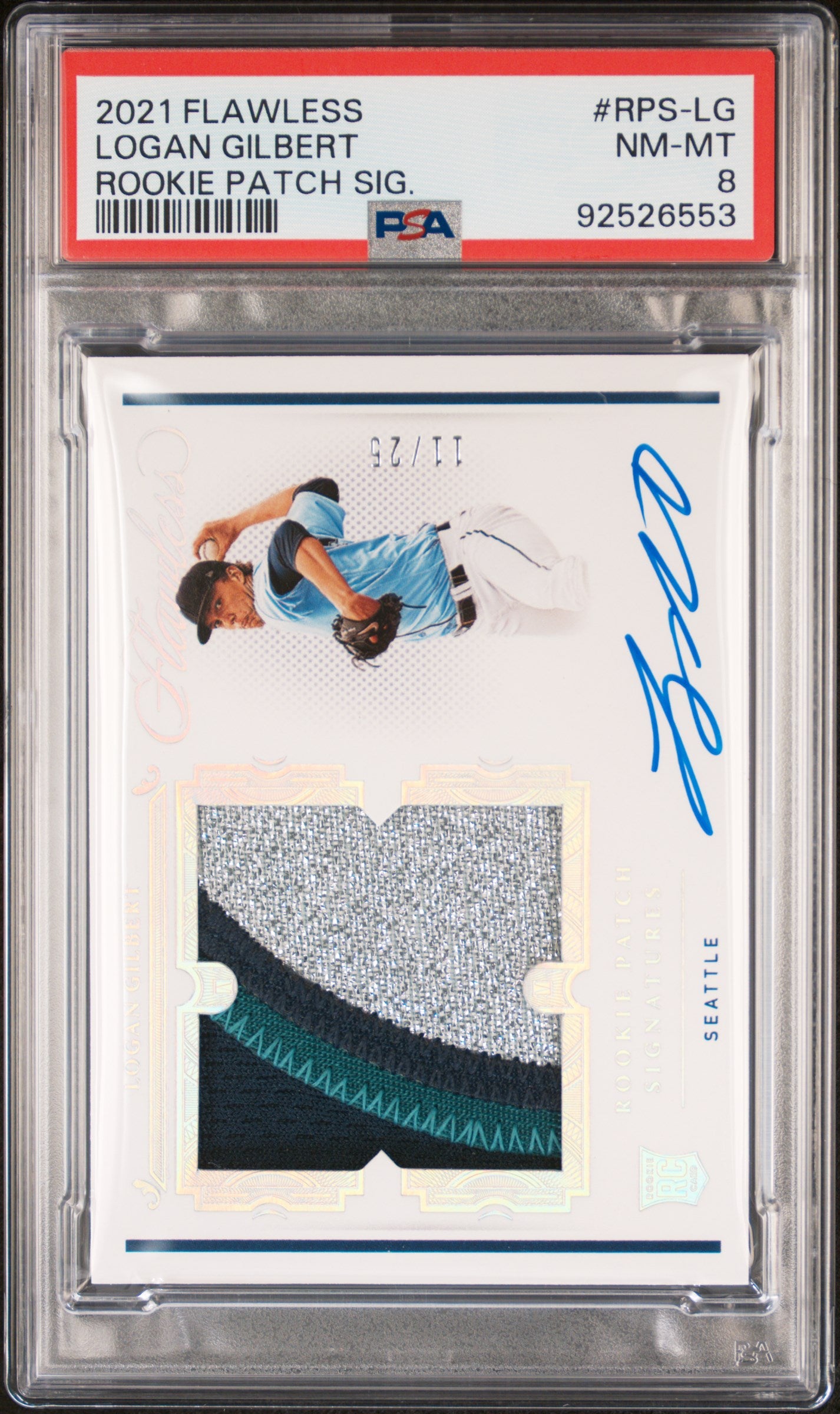 2021 Panini Flawless Rookie Patch Auto Logan Gilbert Rookie Patch Sig. PSA 8
