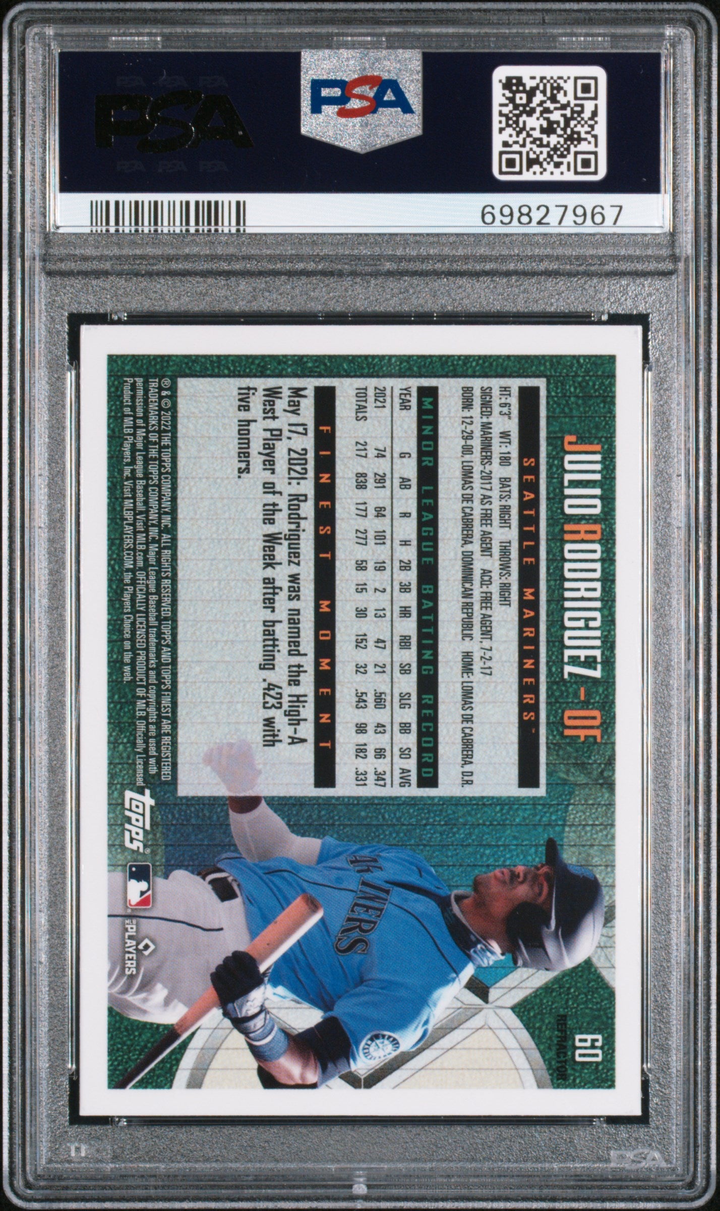 2022 Topps Finest Flashbacks #60 Julio Rodriguez Refractor PSA 10