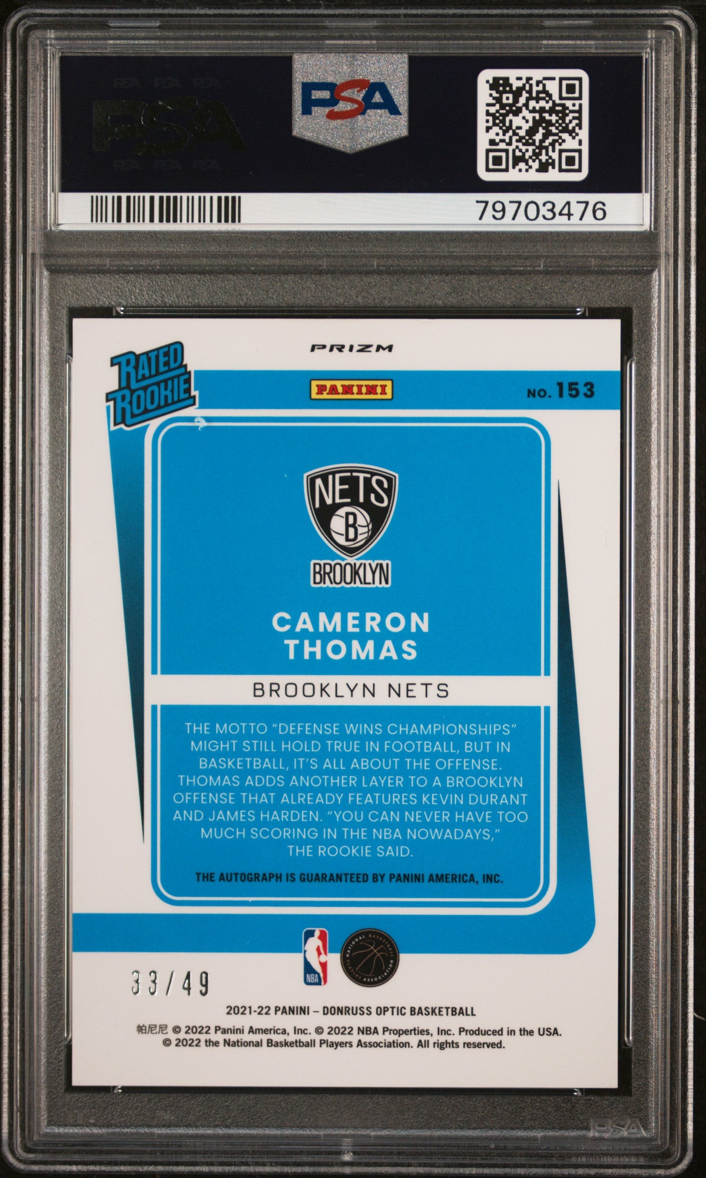 2021 Panini Donruss Optic #153 Cameron Thomas Autograph-Blue PSA 9