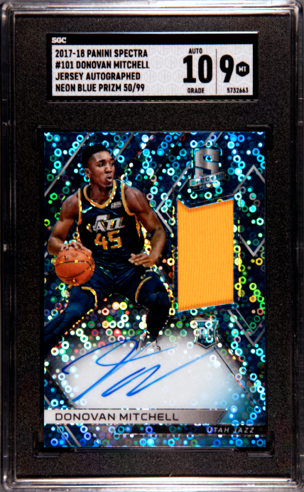 2017-18 Panini Spectra #101 Donovan Mitchell Jersey Auto. Neon Blue Prizm SGC 9