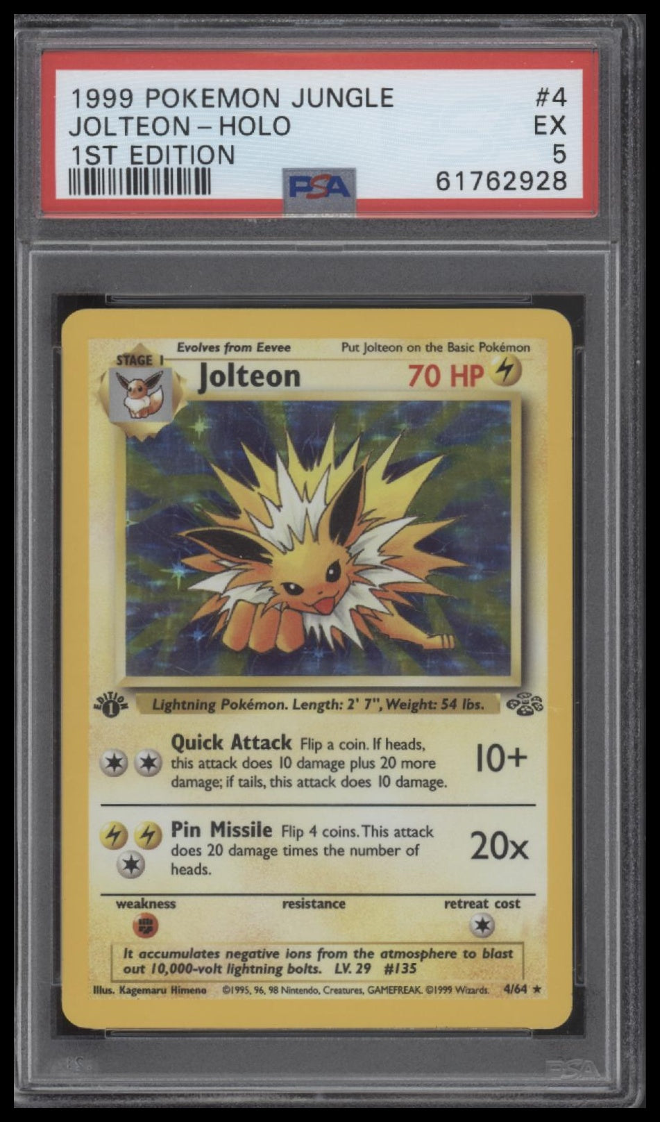 Jolteon-Holo 1999 Pokemon Jungle #4 1st Edition PSA 5