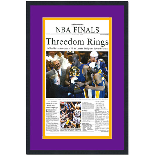 Framed Los Angeles LA Times Lakers Threedom Rings 2002 NBA Finals Champions 14x22 Basketball Newspaper Cover Photo Professionally Matted