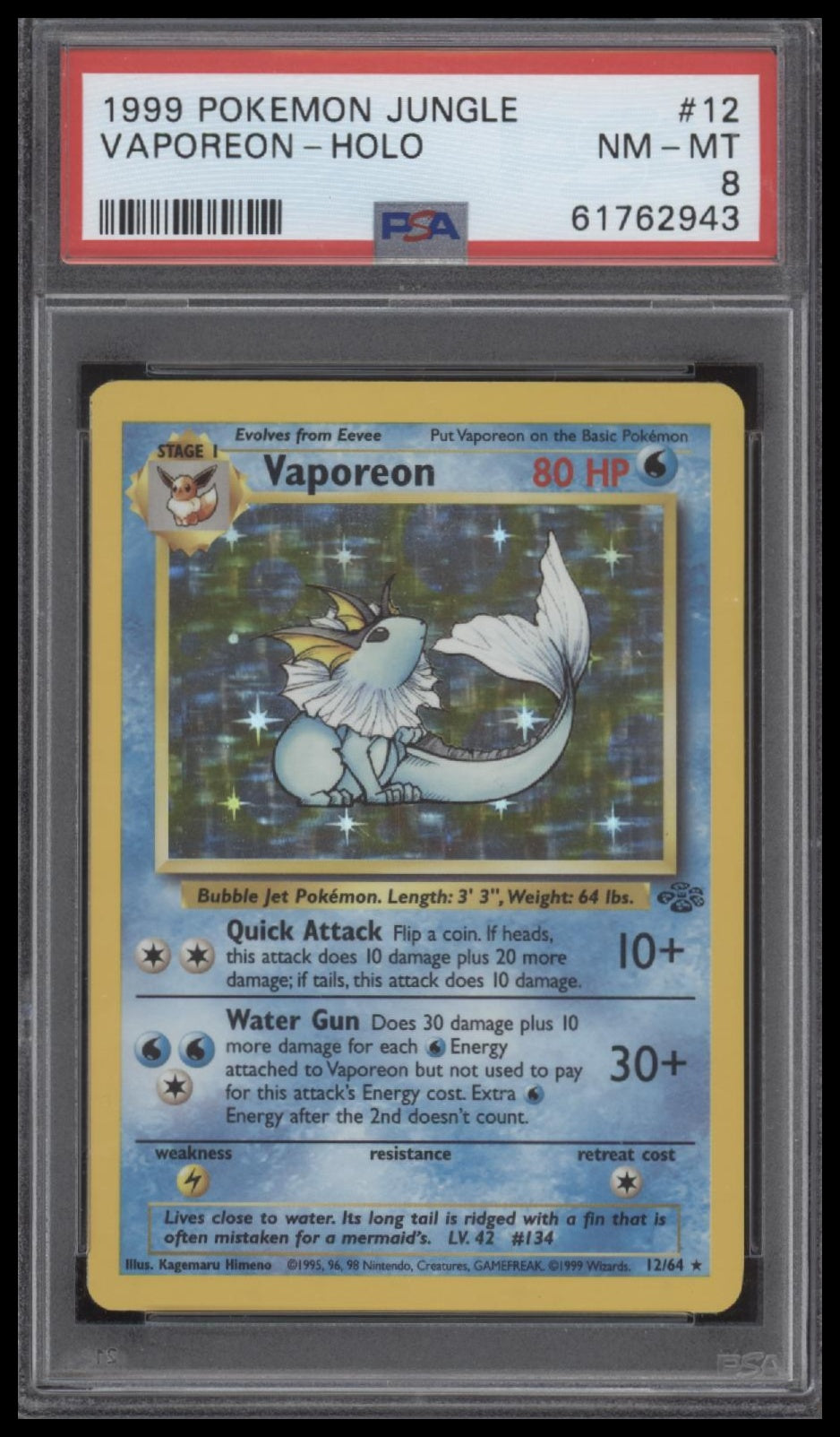 Vaporeon-Holo 1999 Pokemon Jungle #12 PSA 8