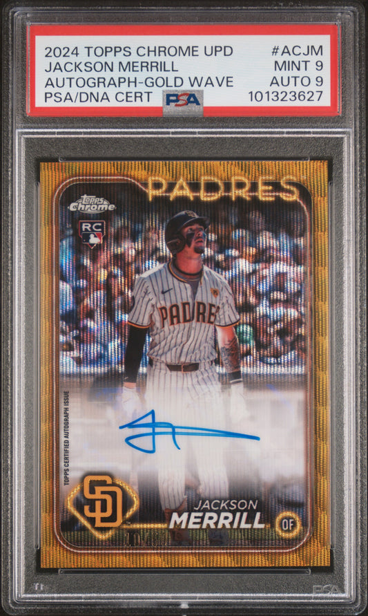Jackson Merrill 2024 Topps Chrome Baseball Update Series Auto -Gold Wave PSA 9