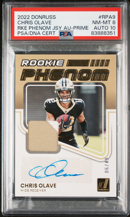 Chris Olave 2022 Panini Donruss Rookie Phenom Jersey Autographs Prime PSA 8 - Front