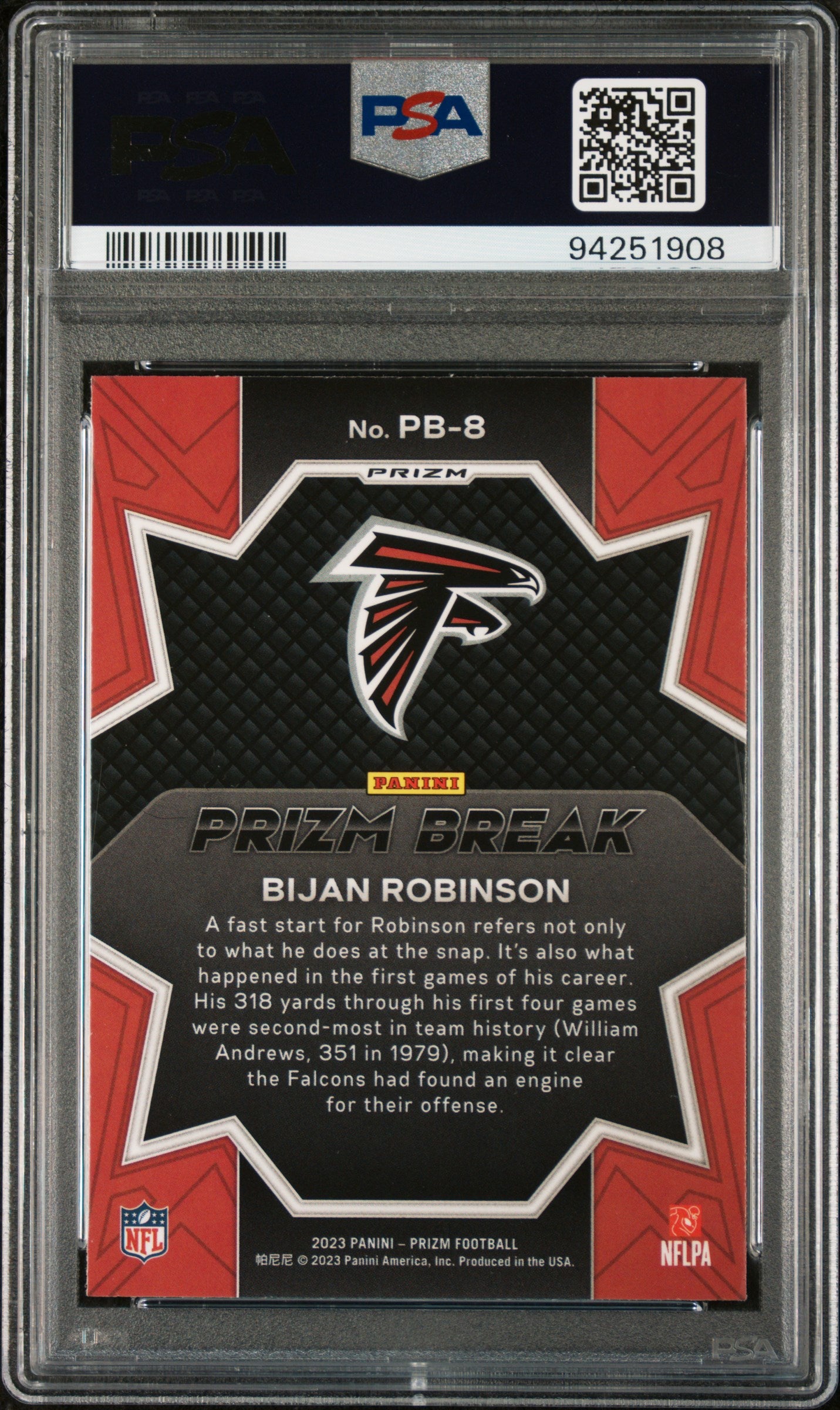 Bijan Robinson 2023 Panini Prizm Prizm Break #PB8 Prizm Break-Green Wave PSA 9 - Back
