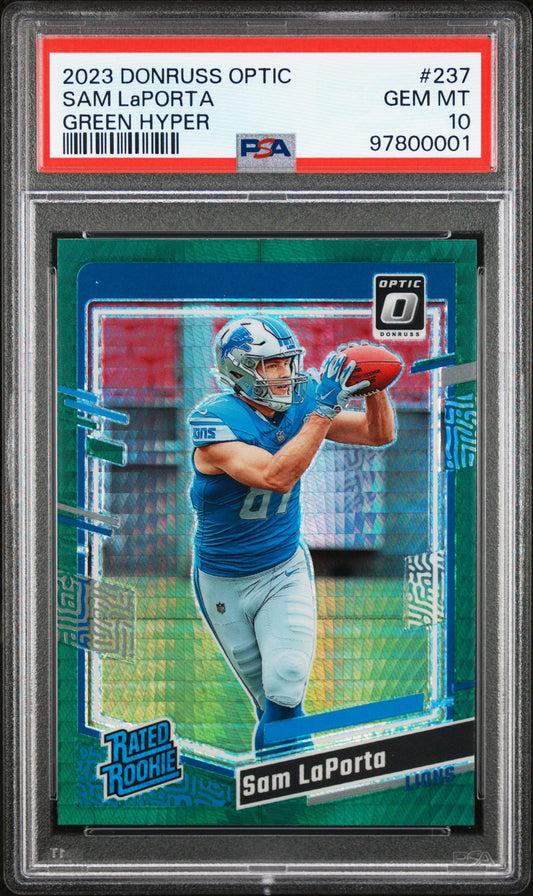 Sam Laporta 2023 Panini Donruss Optic #237 Green Hyper PSA 10 - Front