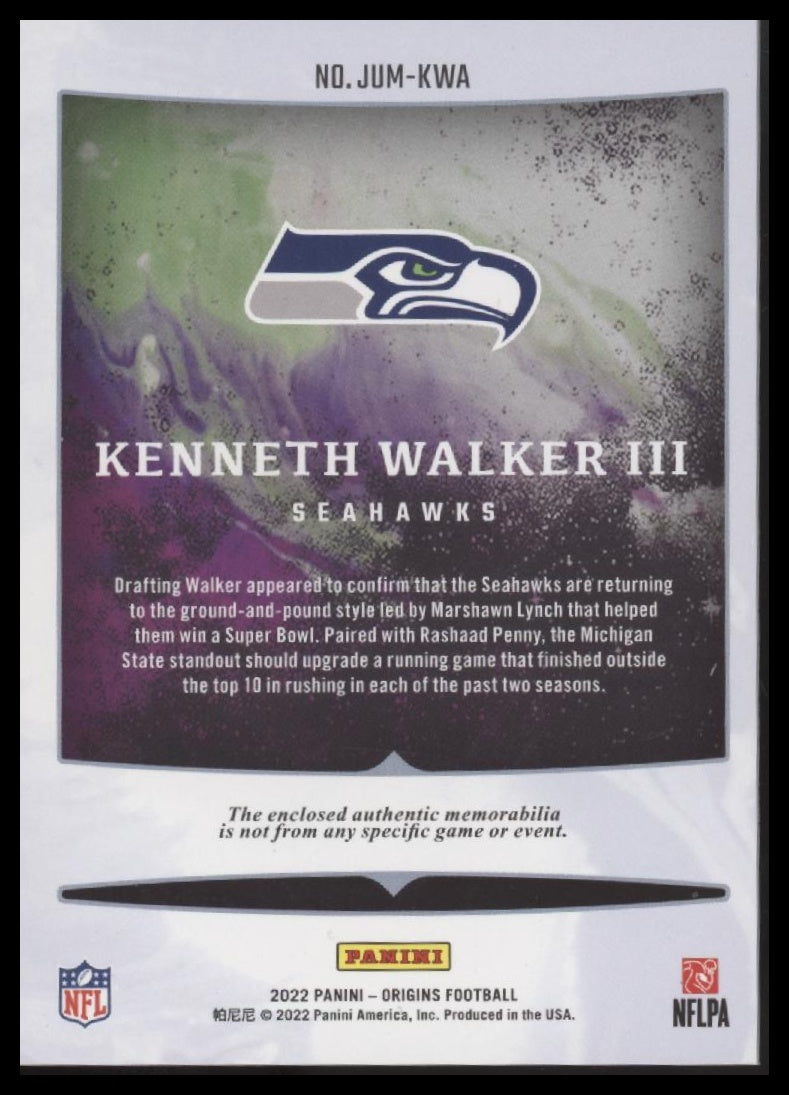 Kenneth Walker III 2022 Panini Origins #JUM-KWA Rookie Jumbo Jerseys Orange #/49 - Back