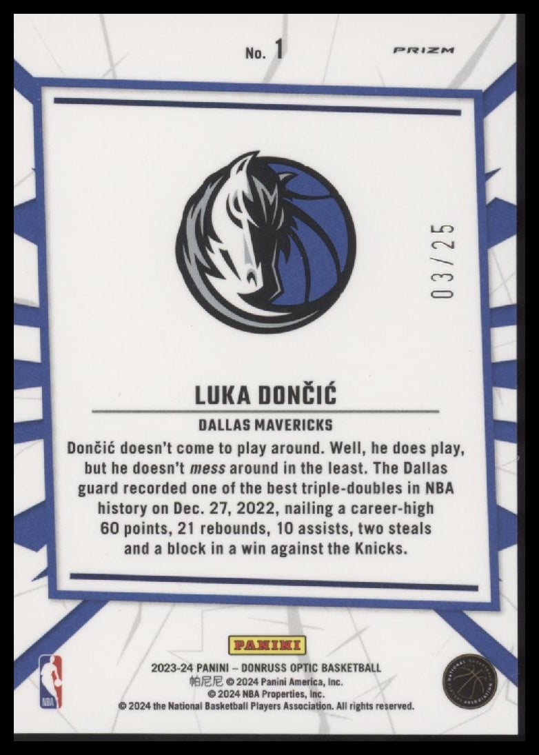 Luka Doncic 2023-24 Donruss Optic #1 My House Pink #/25 - Back
