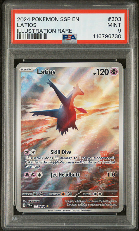 Latios 2024 Pokemon Ssp En-Surging Sparks #203 Illustration Rare PSA 9 - Front
