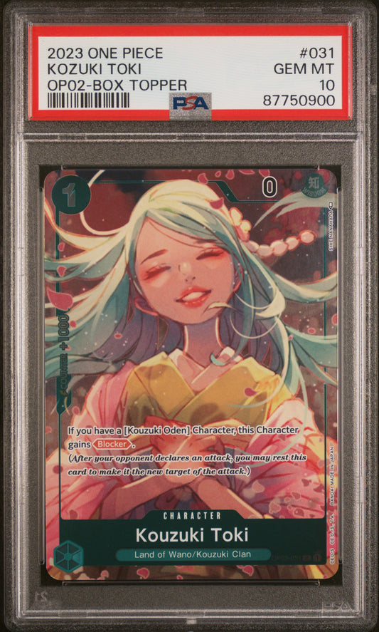 Kozuki Toki 2023 One Piece Op02-Paramount War #031 Box Topper PSA 10 - Front