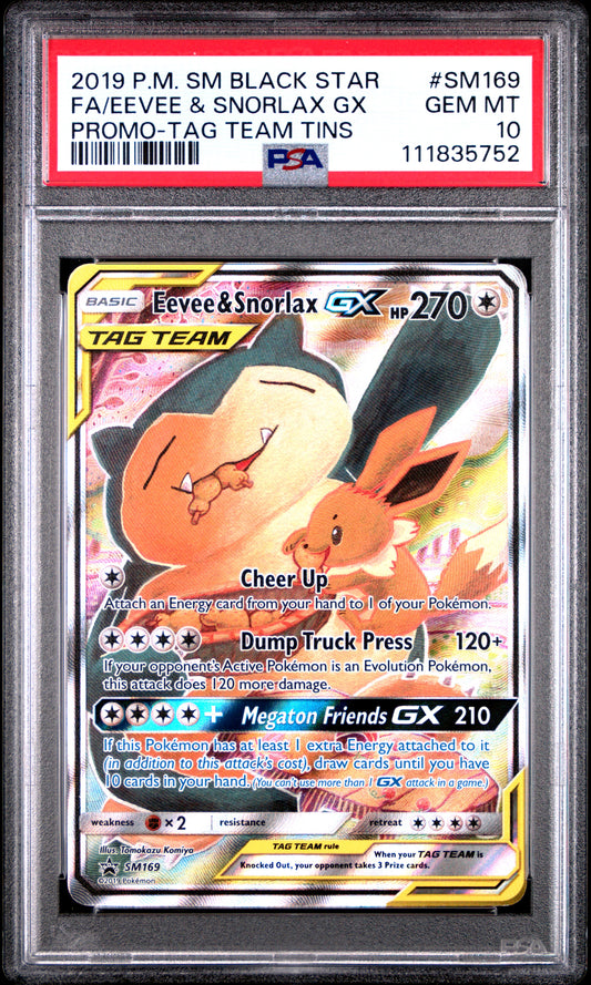 Eevee & Snorlax Gx 2019 Pokemon Sm Black Star Promo Promo-Tag Team Tins PSA 10 - Front