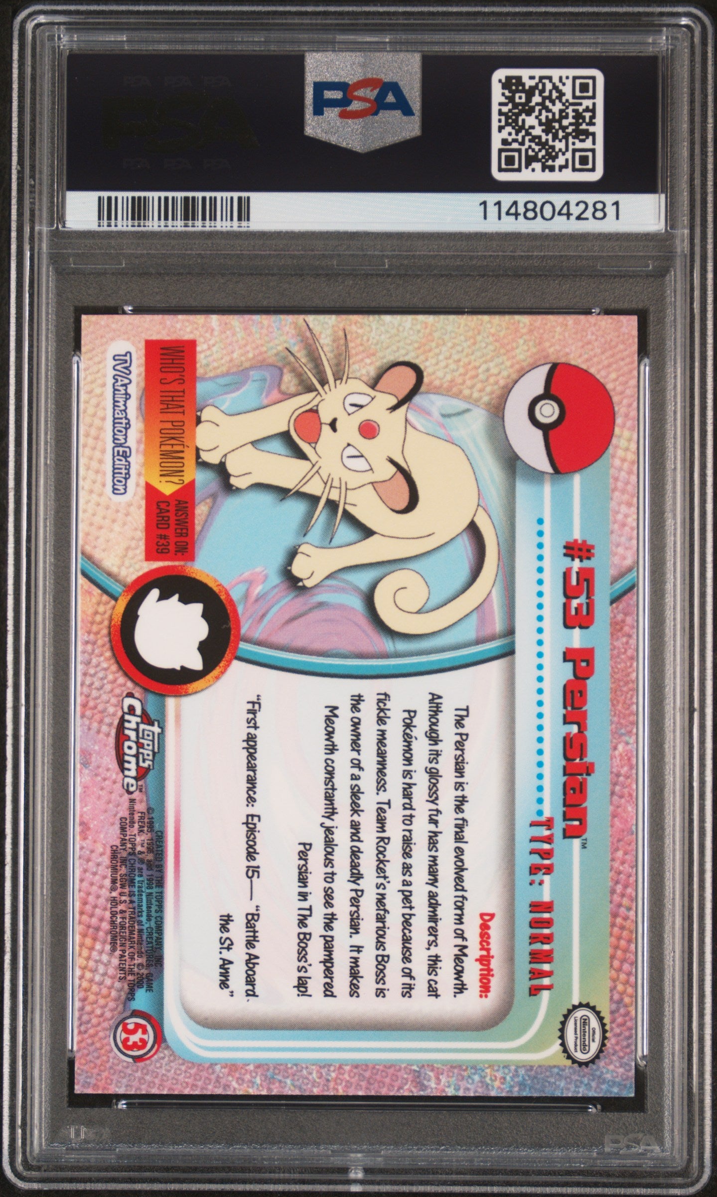 Persian 2000 Topps Chrome Pokemon T.V. #53 Pokemon T.V. PSA 9 - Back