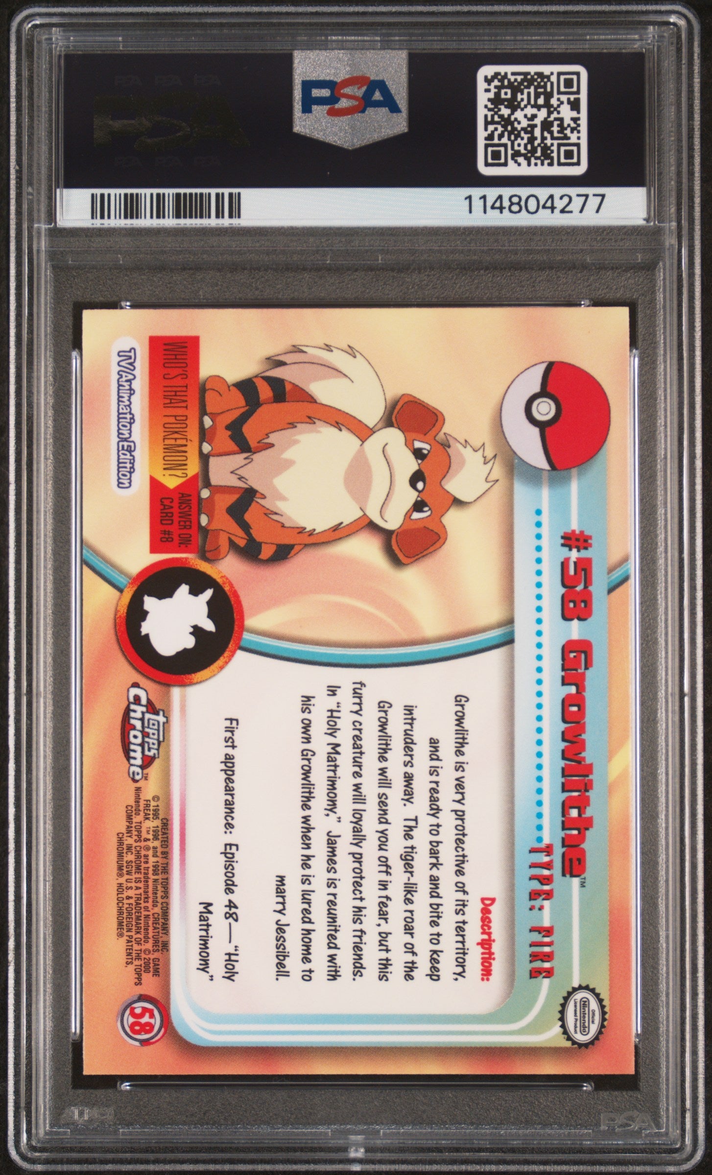 Growlithe 2000 Topps Chrome Pokemon T.V. #58 Pokemon T.V. PSA 9 - Back