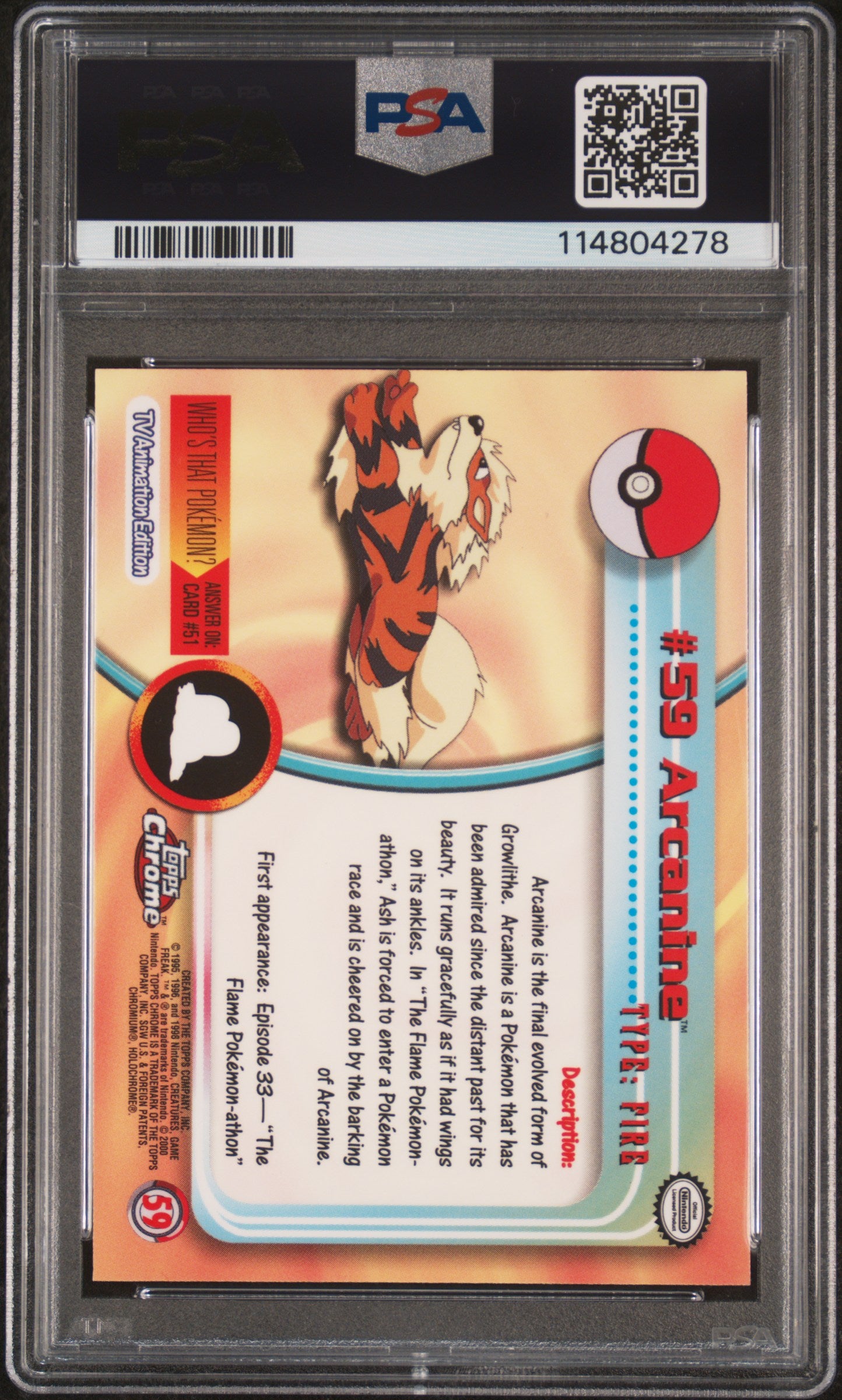 Arcanine 2000 Topps Chrome Pokemon T.V. #59 Pokemon T.V. PSA 10 - Back