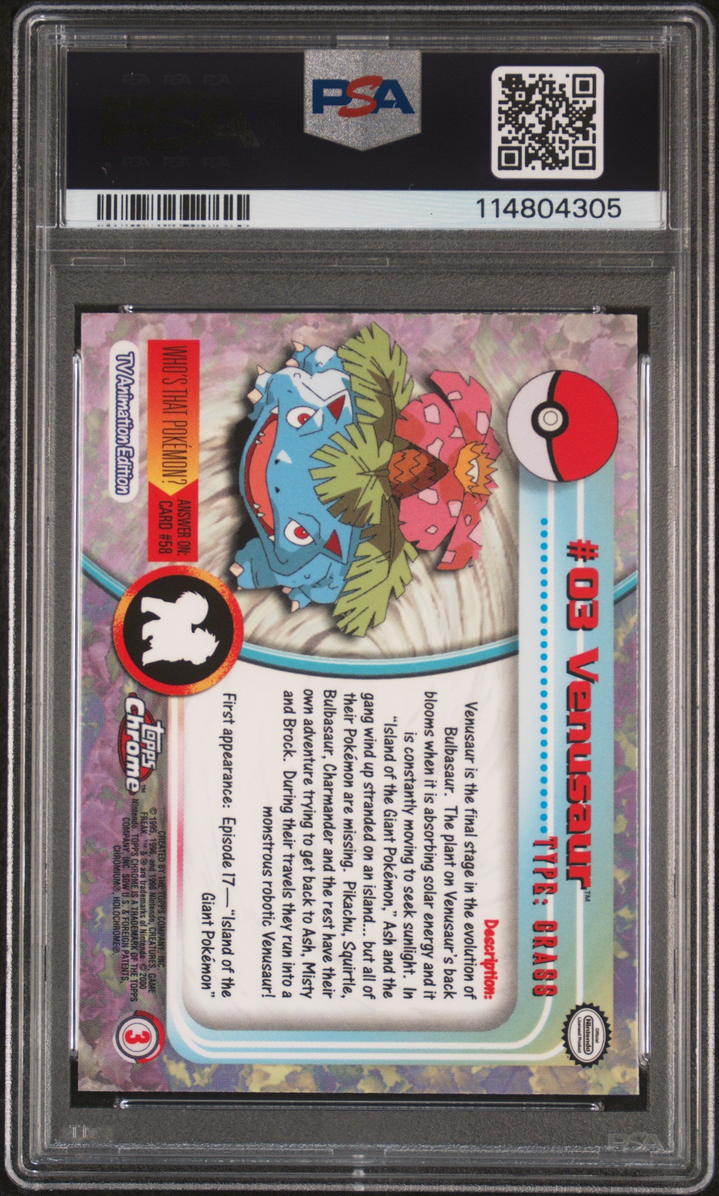 Venusaur 2000 Topps Chrome Pokemon T.V. #3 Pokemon T.V. PSA 9 - Back