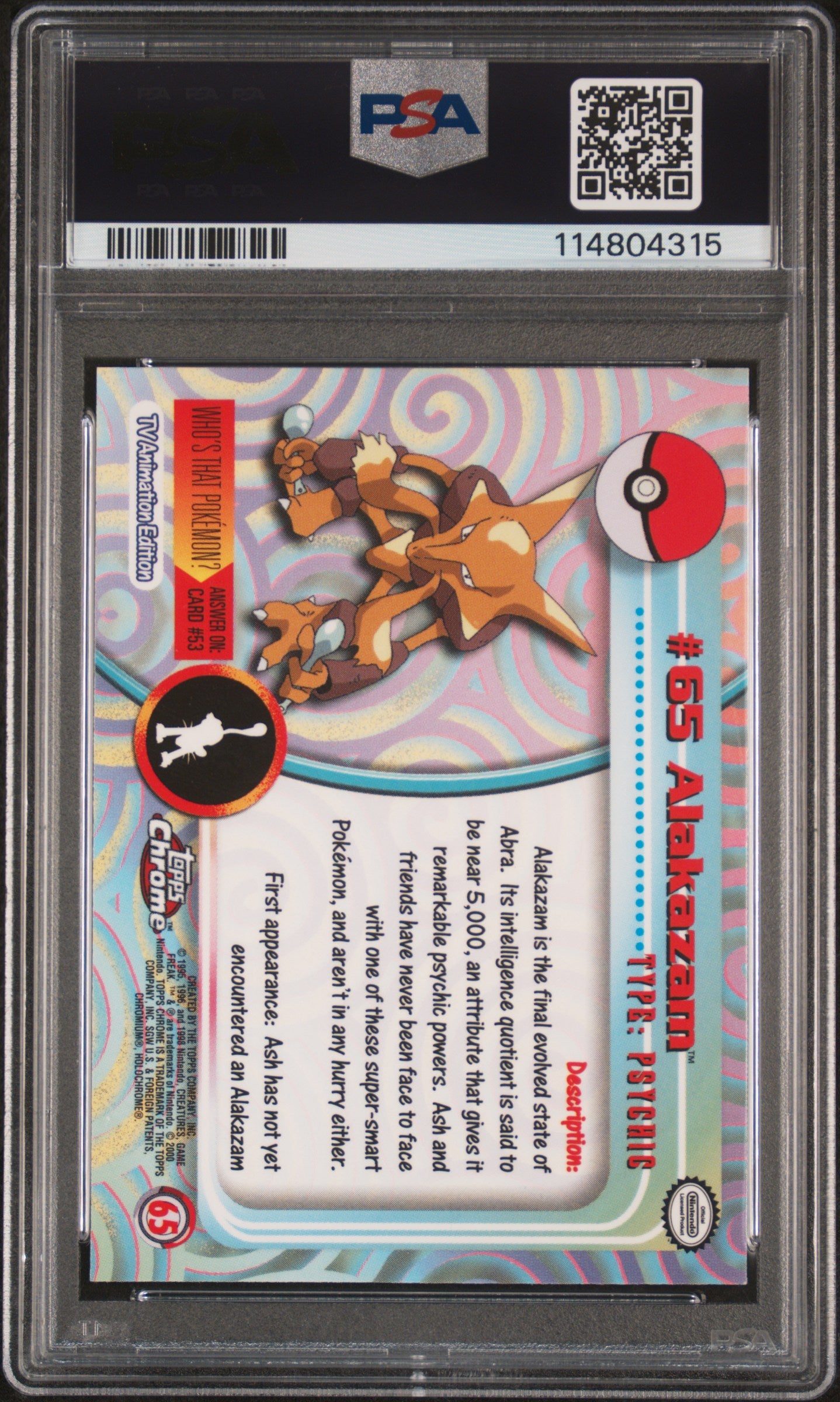 Alakazam 2000 Topps Chrome Pokemon T.V. #65 Pokemon T.V. PSA 8 - Back