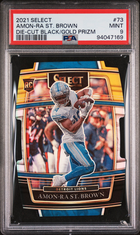 Amon-Ra St. Brown 2021 Panini Select #73 Die-Cut Black/Gold Prizm PSA 9 - Front