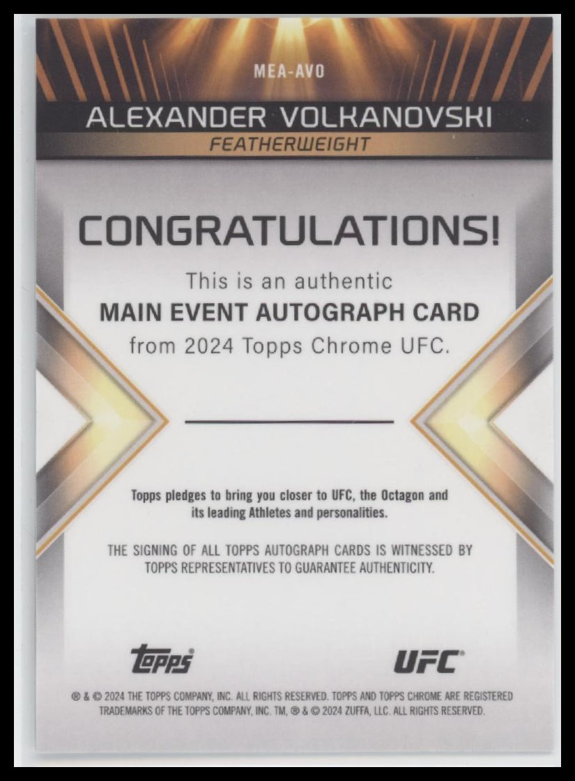 Alexander Volkanovski 2024 Topps Chrome UFC #MEA-AVO Main Event Autographs - Back