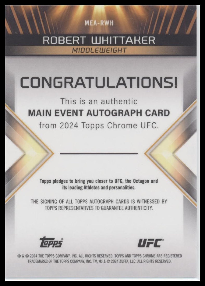 Robert Whittaker 2024 Topps Chrome UFC #MEA-RWH Main Event Autographs - Back