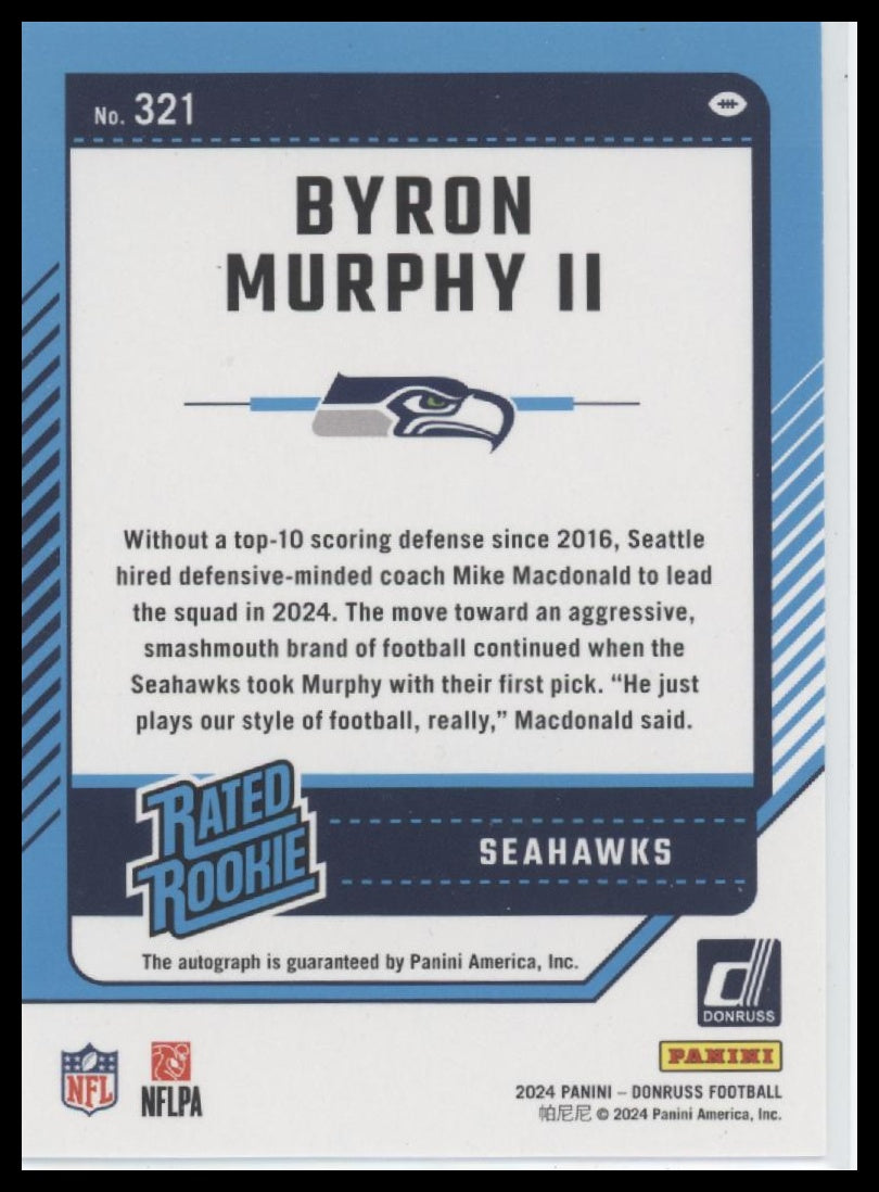 Byron Murphy II 2024 Donruss #321 Rated Rookies Autographs Gold #/25 - Back