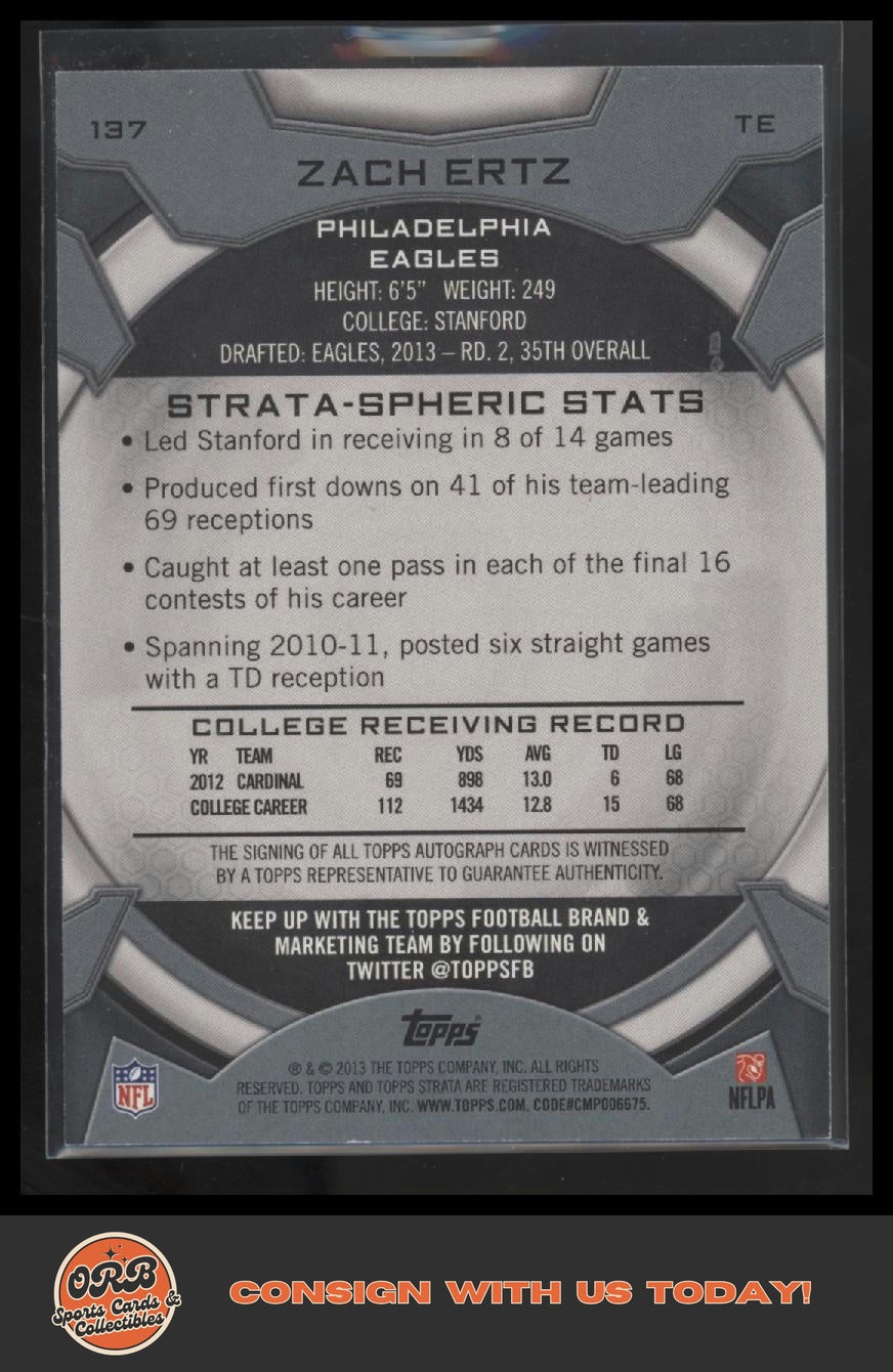 Zach Ertz 2013 Topps Strata #137 Autographs - Back