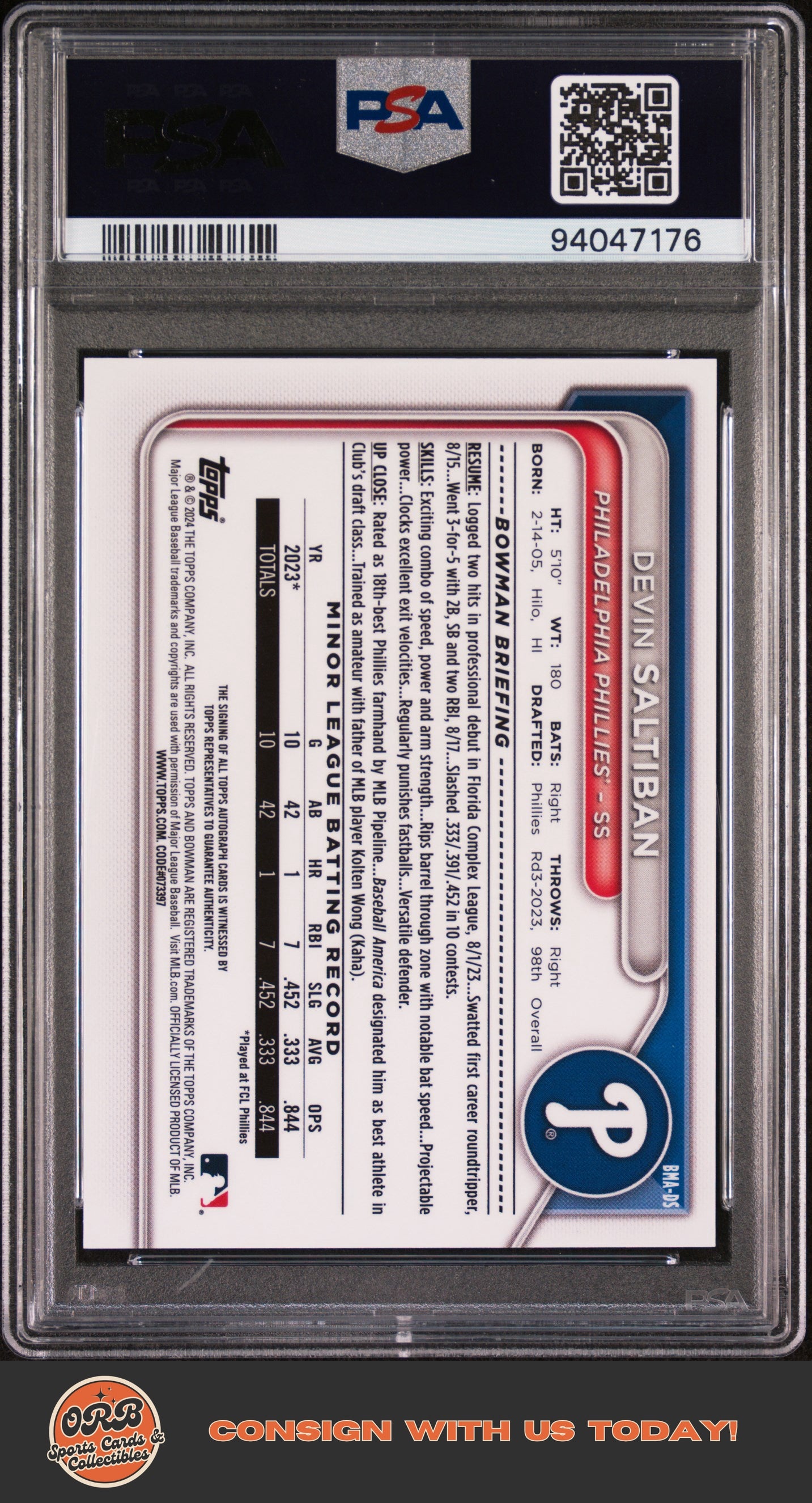 Devin Saltiban 2024 Bowman Chrome  Prospect Auto Prospect Green PSA 10 - Back