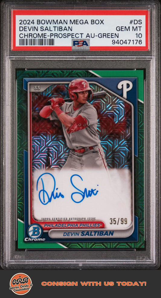 Devin Saltiban 2024 Bowman Chrome  Prospect Auto Prospect Green PSA 10 - Front