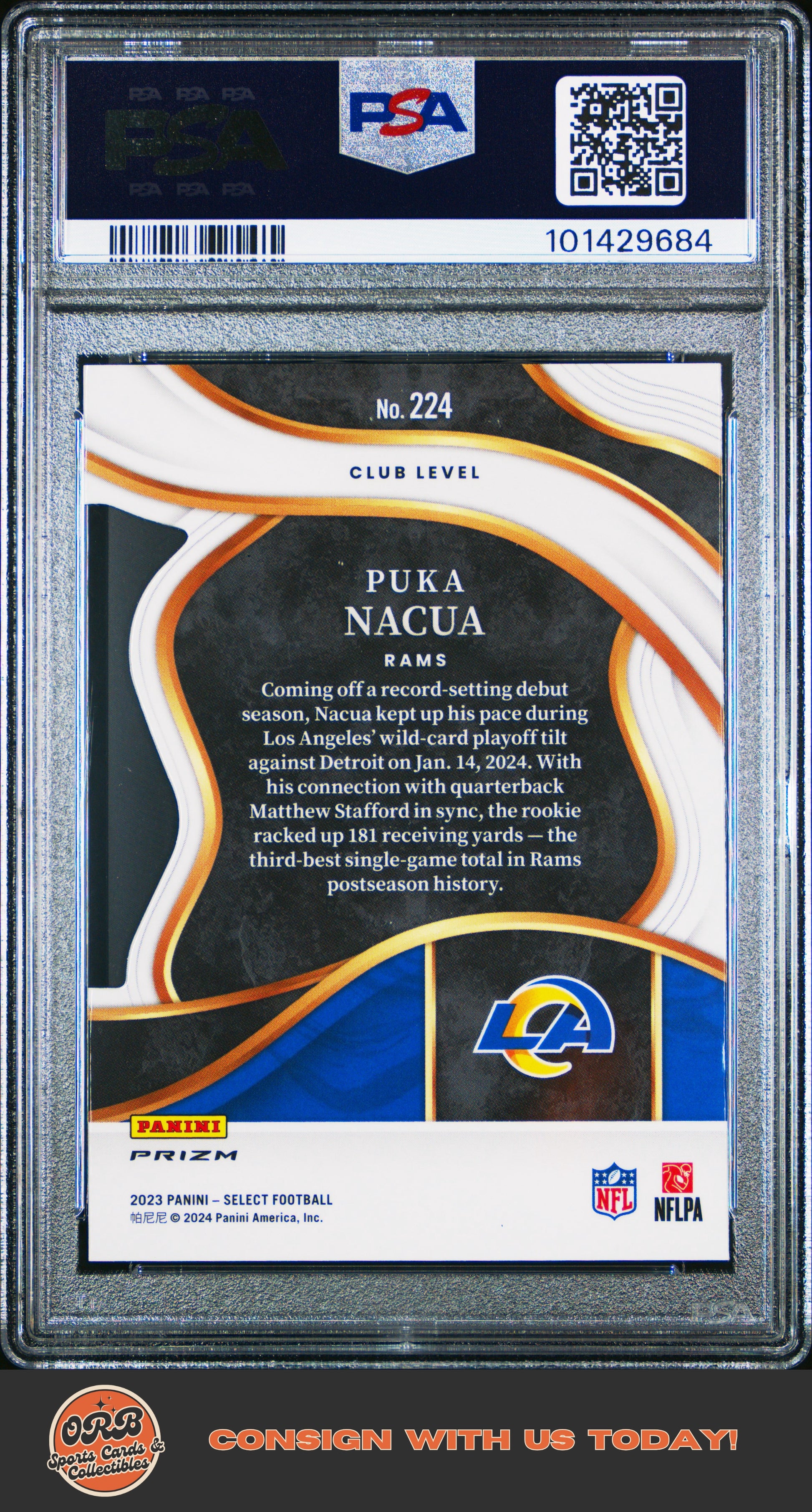 Puka Nacua 2023 Panini Select #224 Die-Cut Red & Blue Prizm PSA 10 - Back