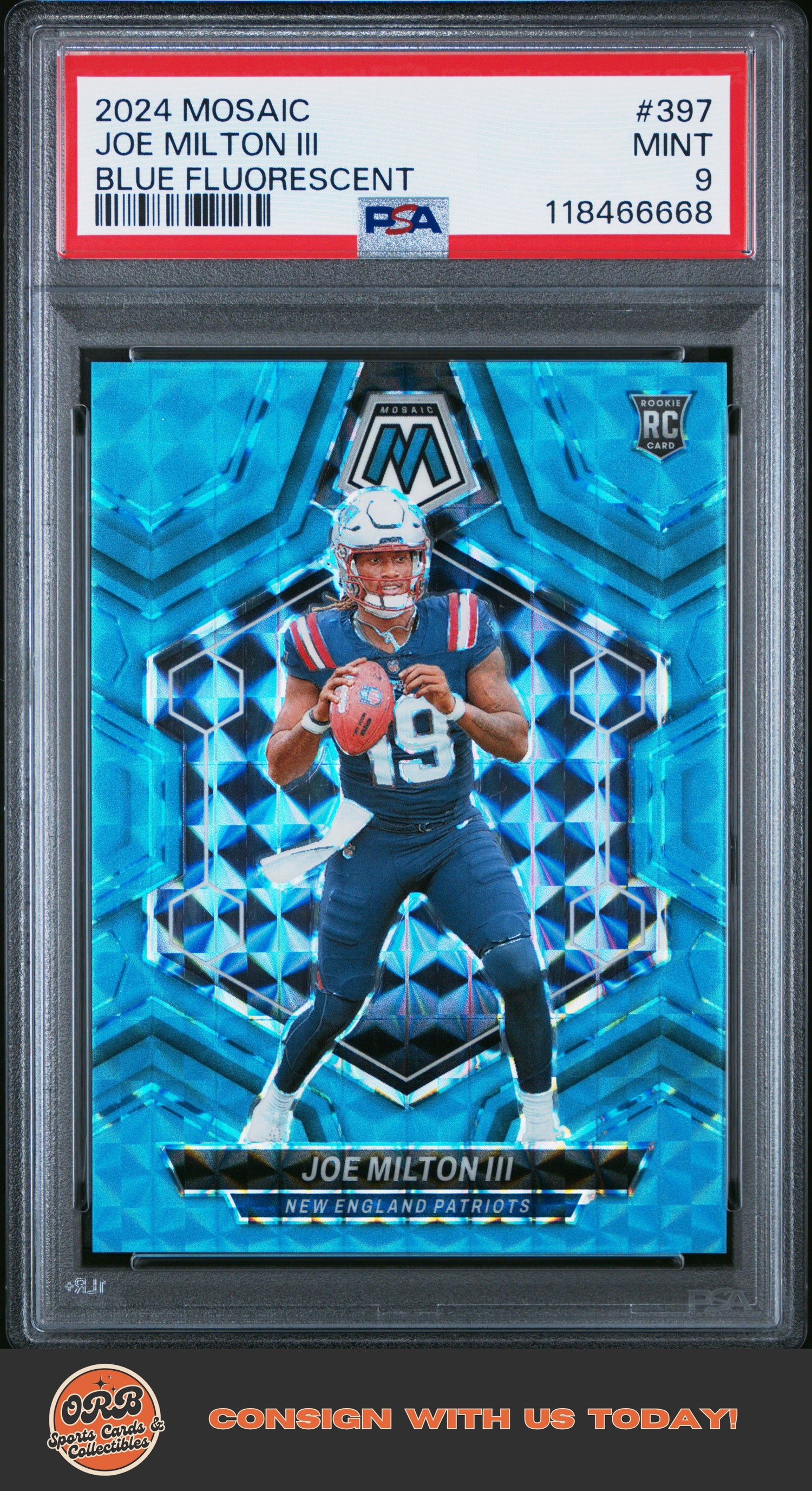 Joe Milton Iii 2024 Panini Mosaic #397 Blue Fluorescent PSA 9 #/15 - Front