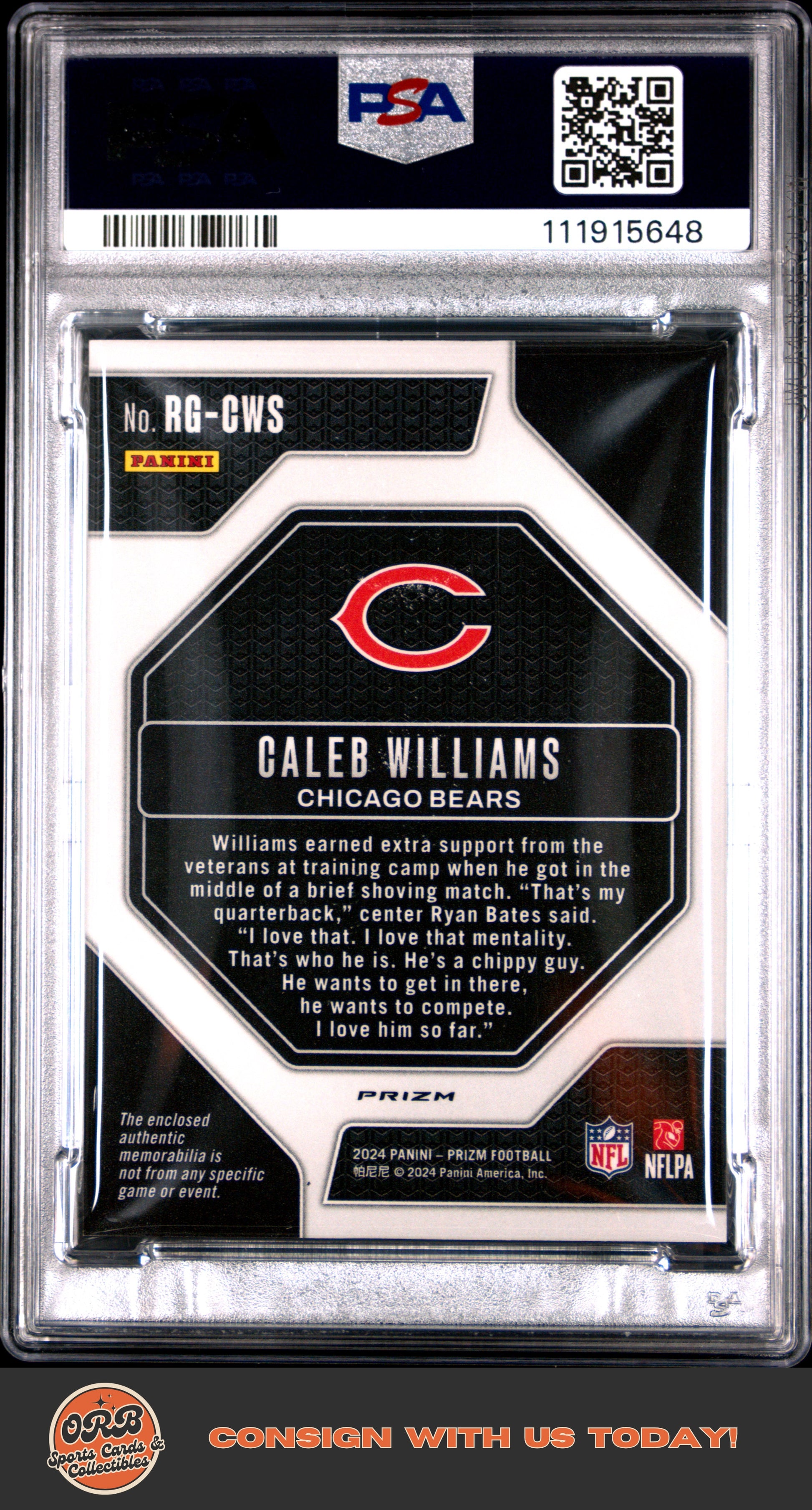 Caleb Williams 2024 Panini Prizm Rookie Gear Rookie Gear-Purple Pulsar PSA 9 - Back