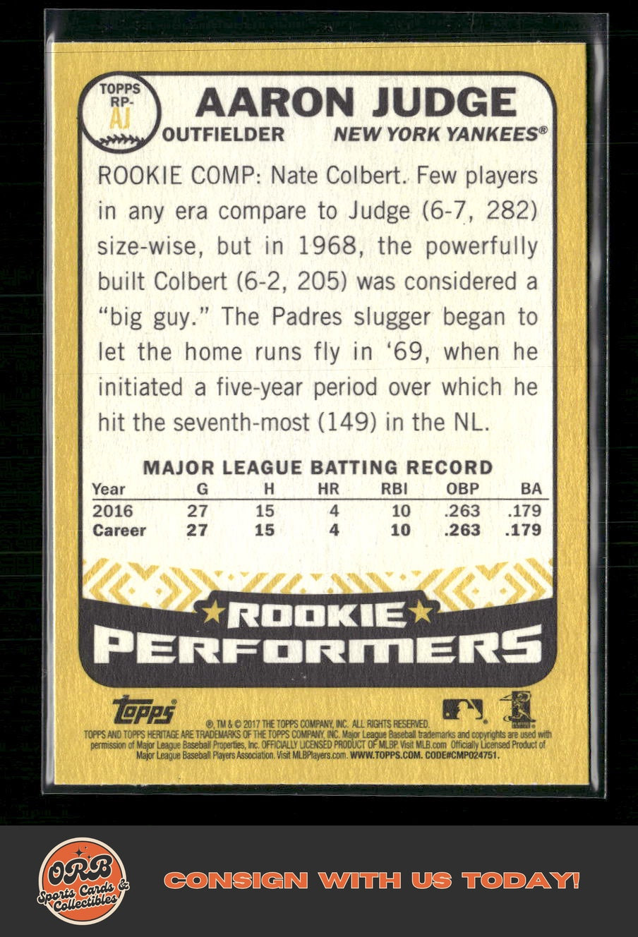 Aaron Judge 2017 Topps Heritage #RP-AJ Rookie Performers - Back