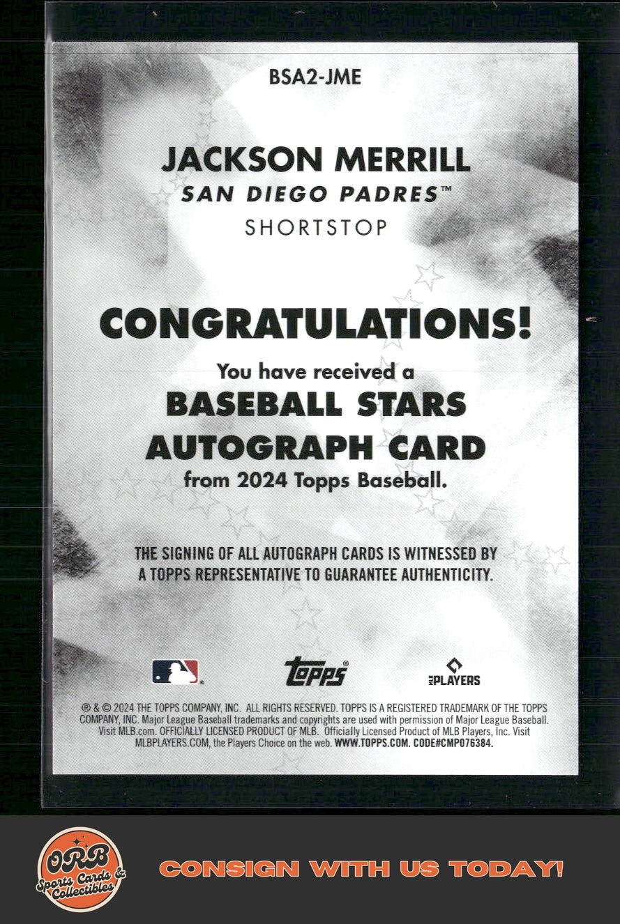 Jackson Merrill 2024 Topps #BSA2-JME Baseball Stars Autographs - Back
